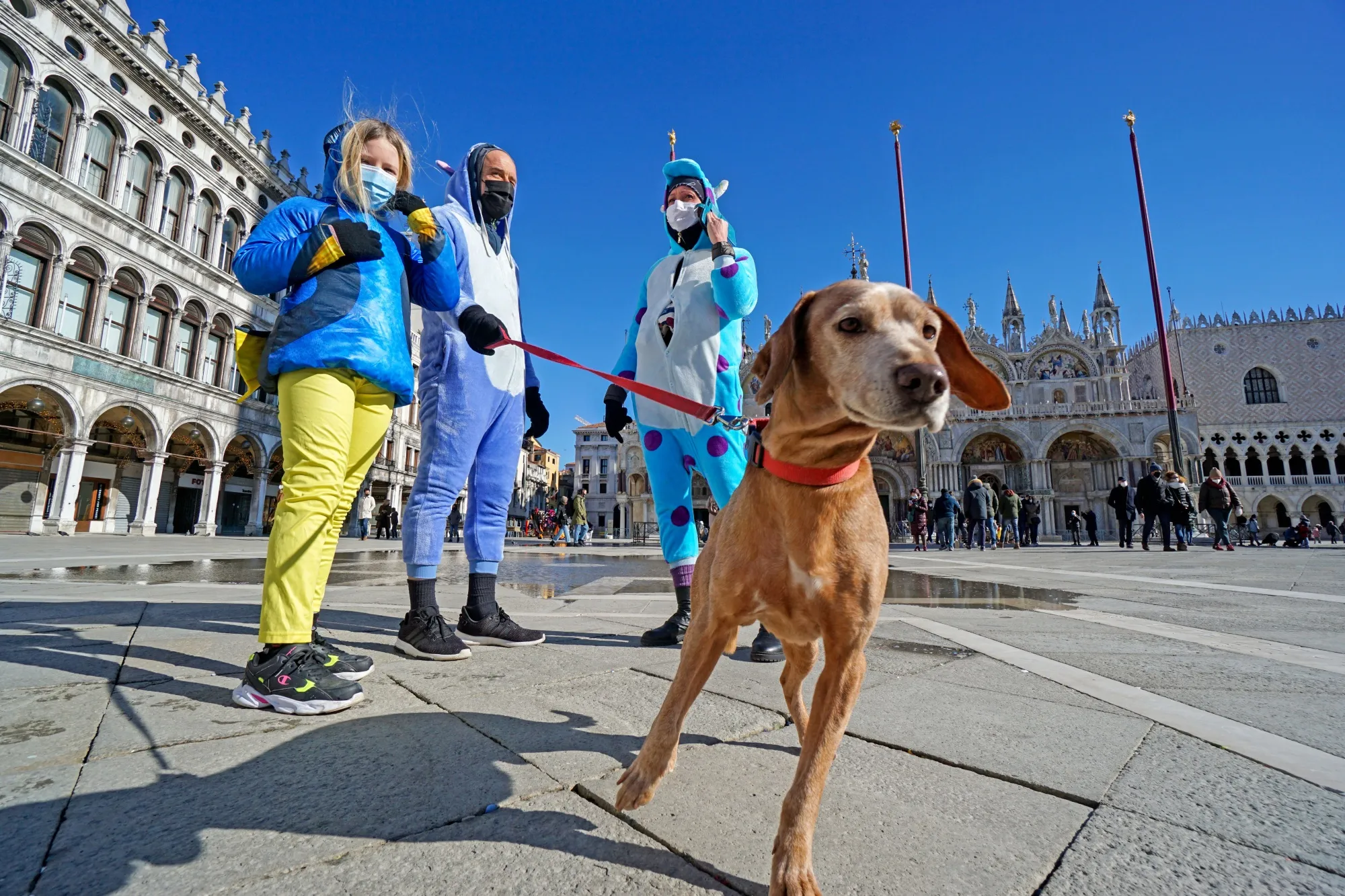 A family in fancy dress walk their dog in Piazza San Marco square in Venice, Italy, on Saturday, Feb. 13, 2021.&nbsp;