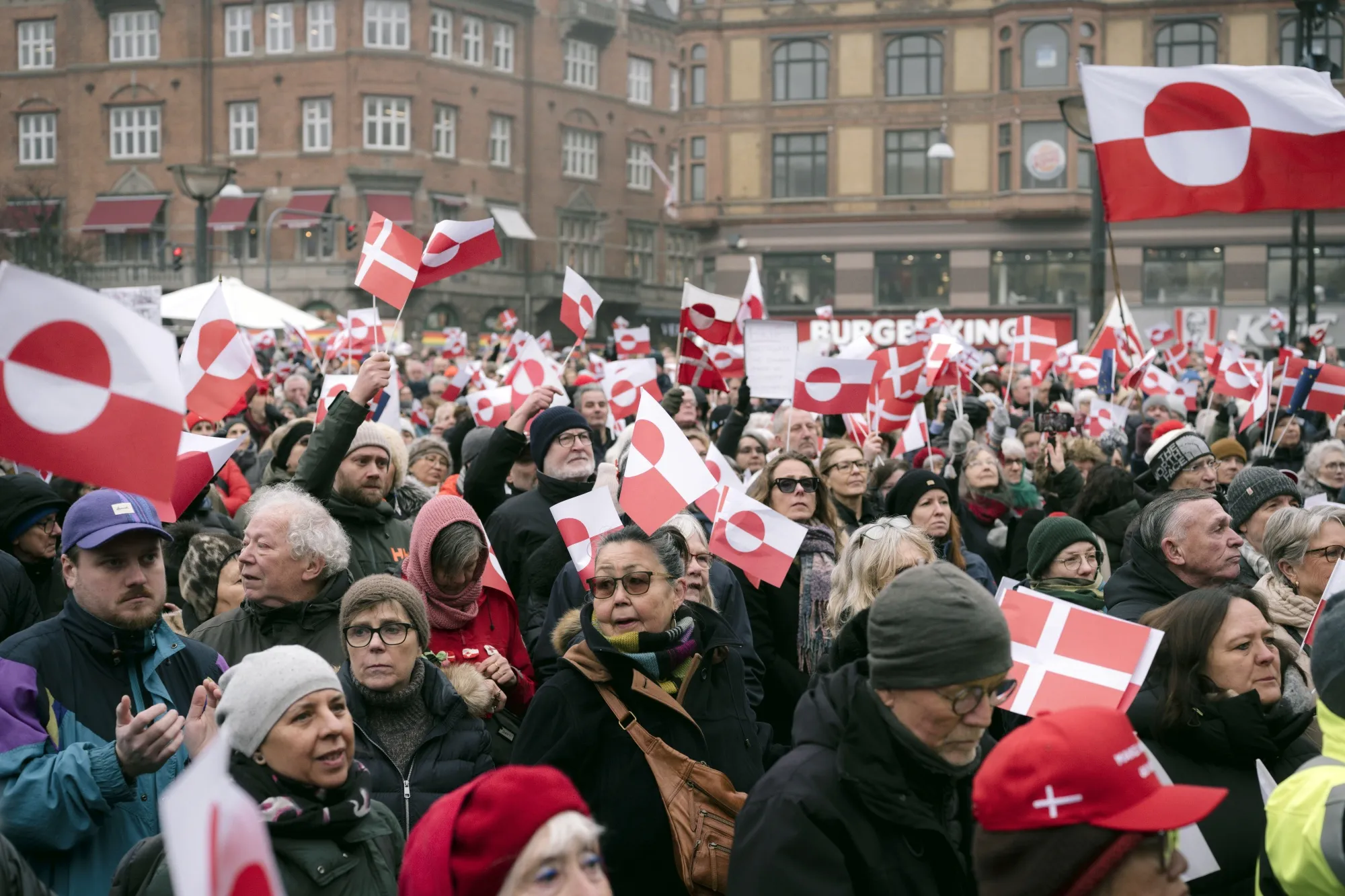Protesters wave Greenland flags during a demonstration in Copenhagen on Jan. 17.