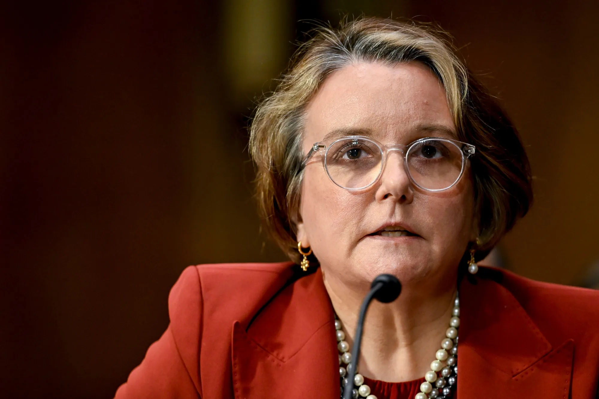 Gail Slater during a Senate Judiciary Committee confirmation hearing in Washington, DC, on&nbsp;Feb. 12.