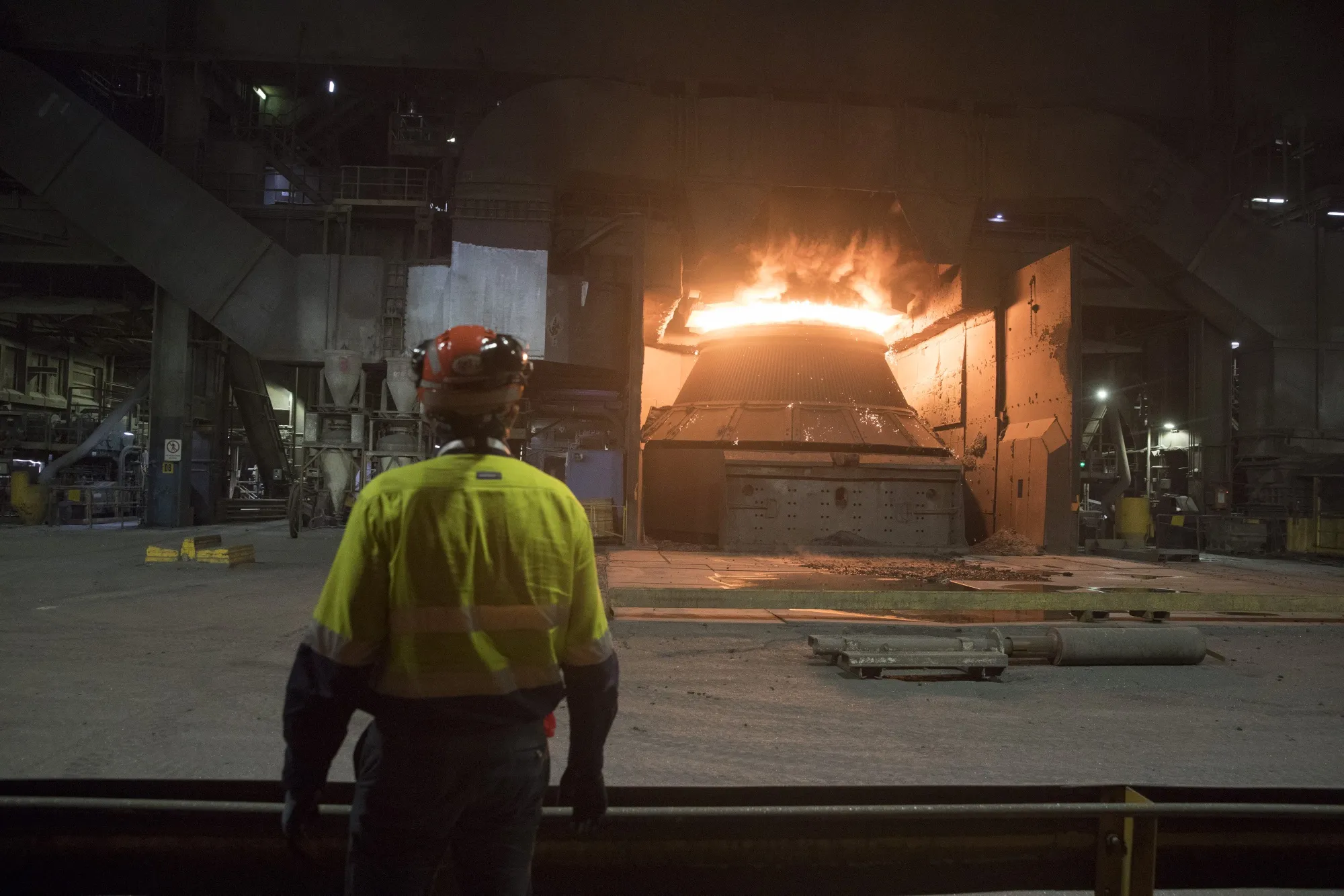 Scrap metal heated in a steel furnace at BlueScope Steel Ltd. Port Kembla steelworks in Port Kembla, Australia.