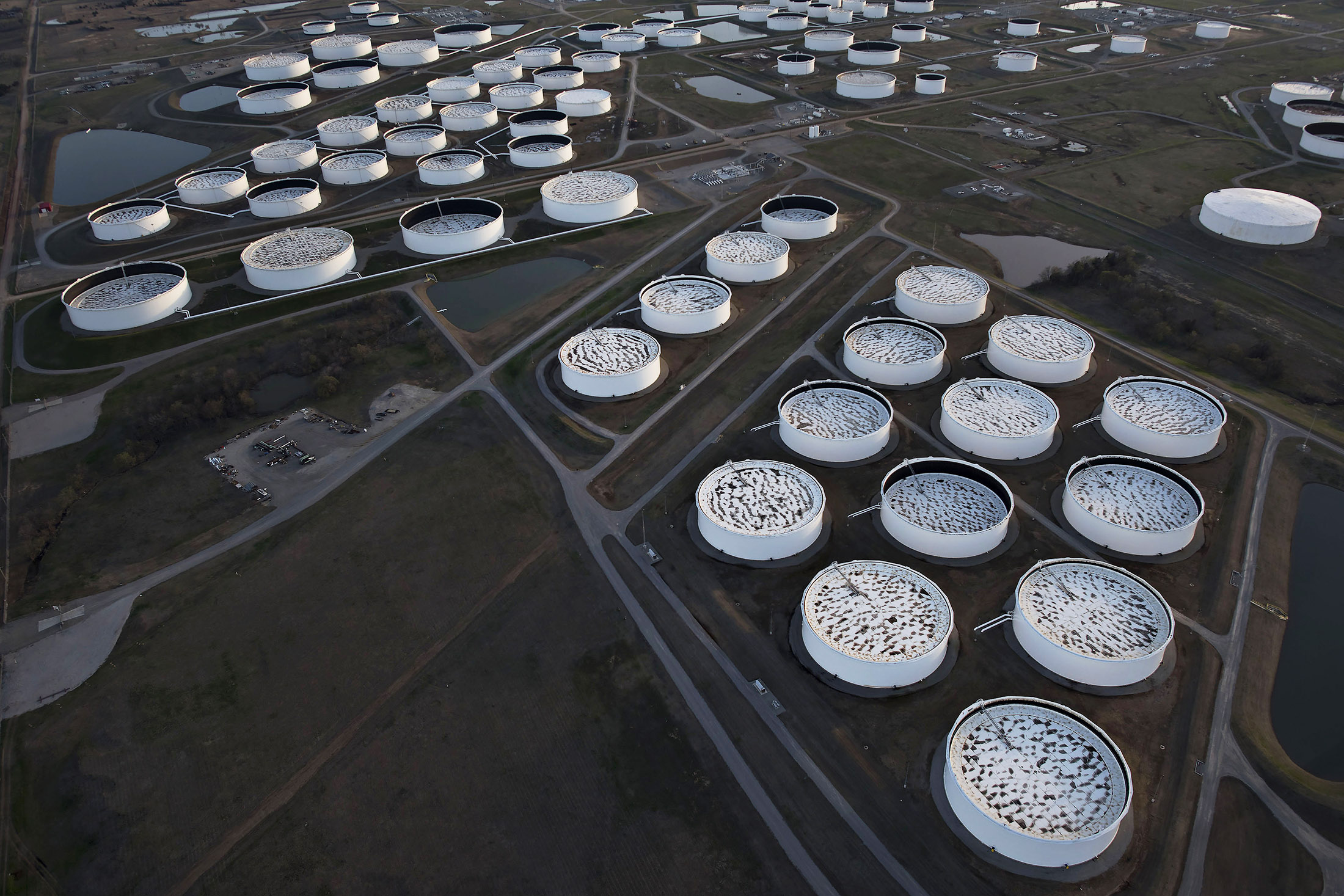 Aerial photograph of oil storage tanks in Cushing, Oklahoma.

