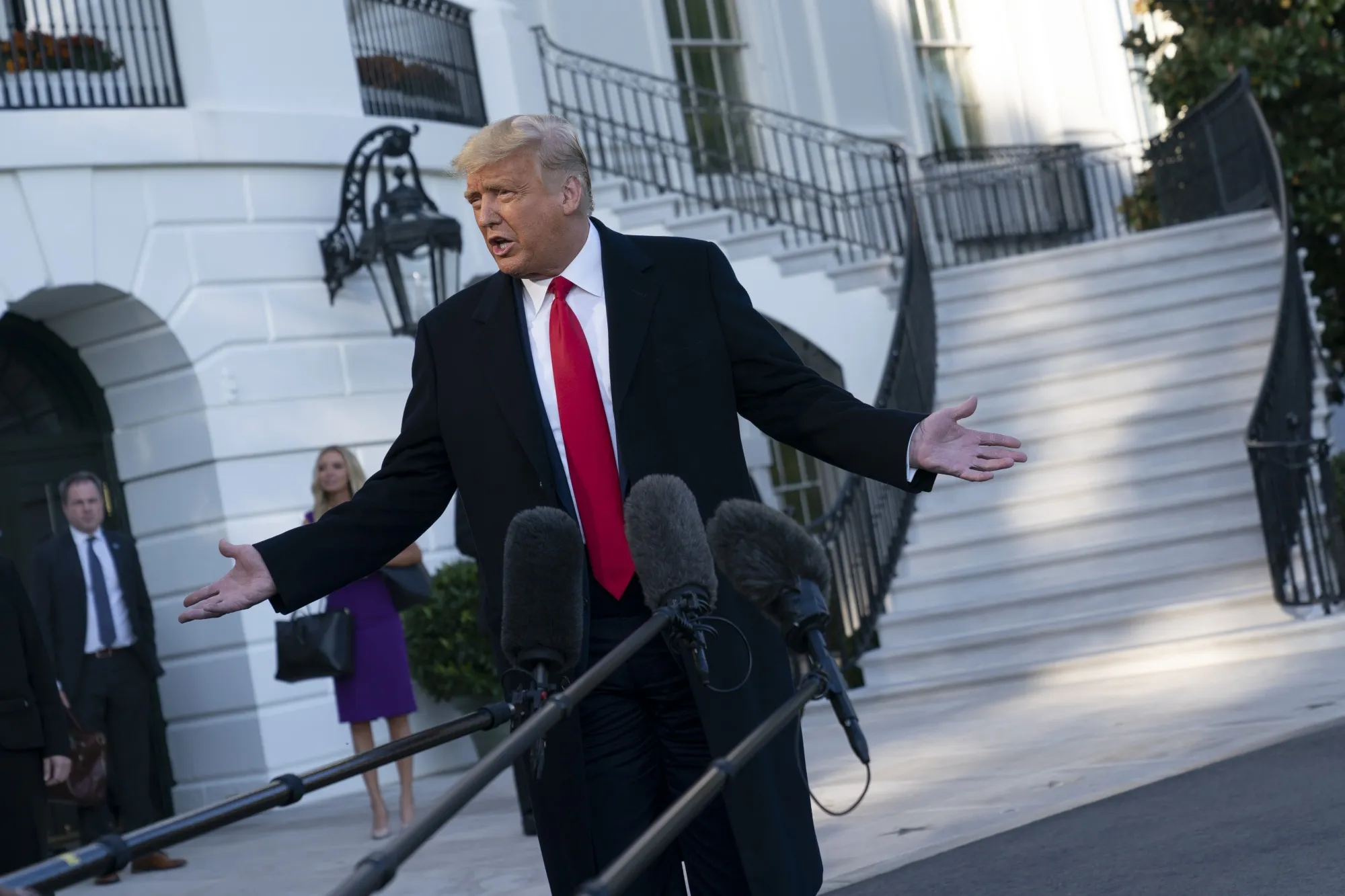 President Donald Trump speaks to members of the media at the White House in Washington on Oct. 21, 2020.