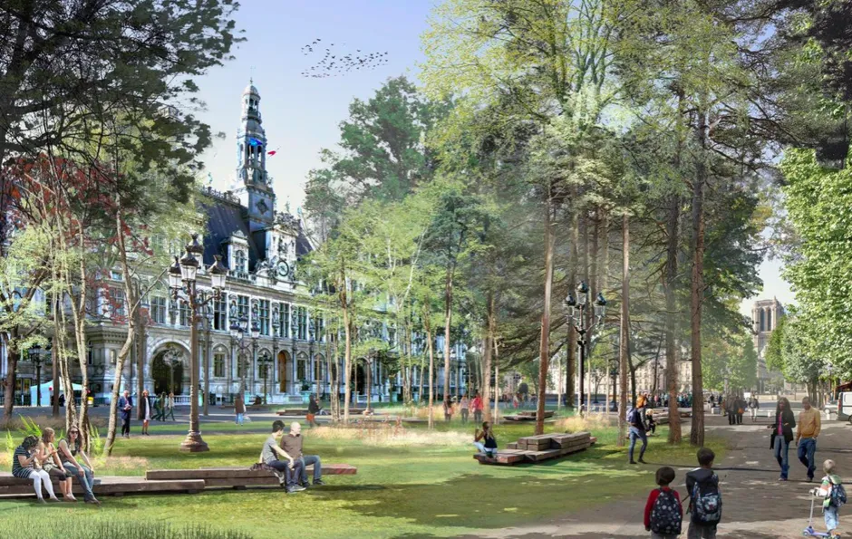 How the Place de l’Hôtel de Ville could look once its tree plantings have matured.