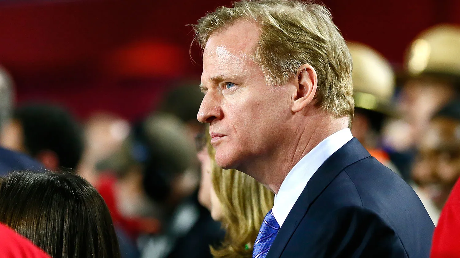 NFL Commissioner Roger Goodell looks on from the sidelines during Super Bowl XLIX between the New England Patriots and the Seattle Seahawks at University of Phoenix Stadium on February 1, 2015 in Glendale, Arizona.
