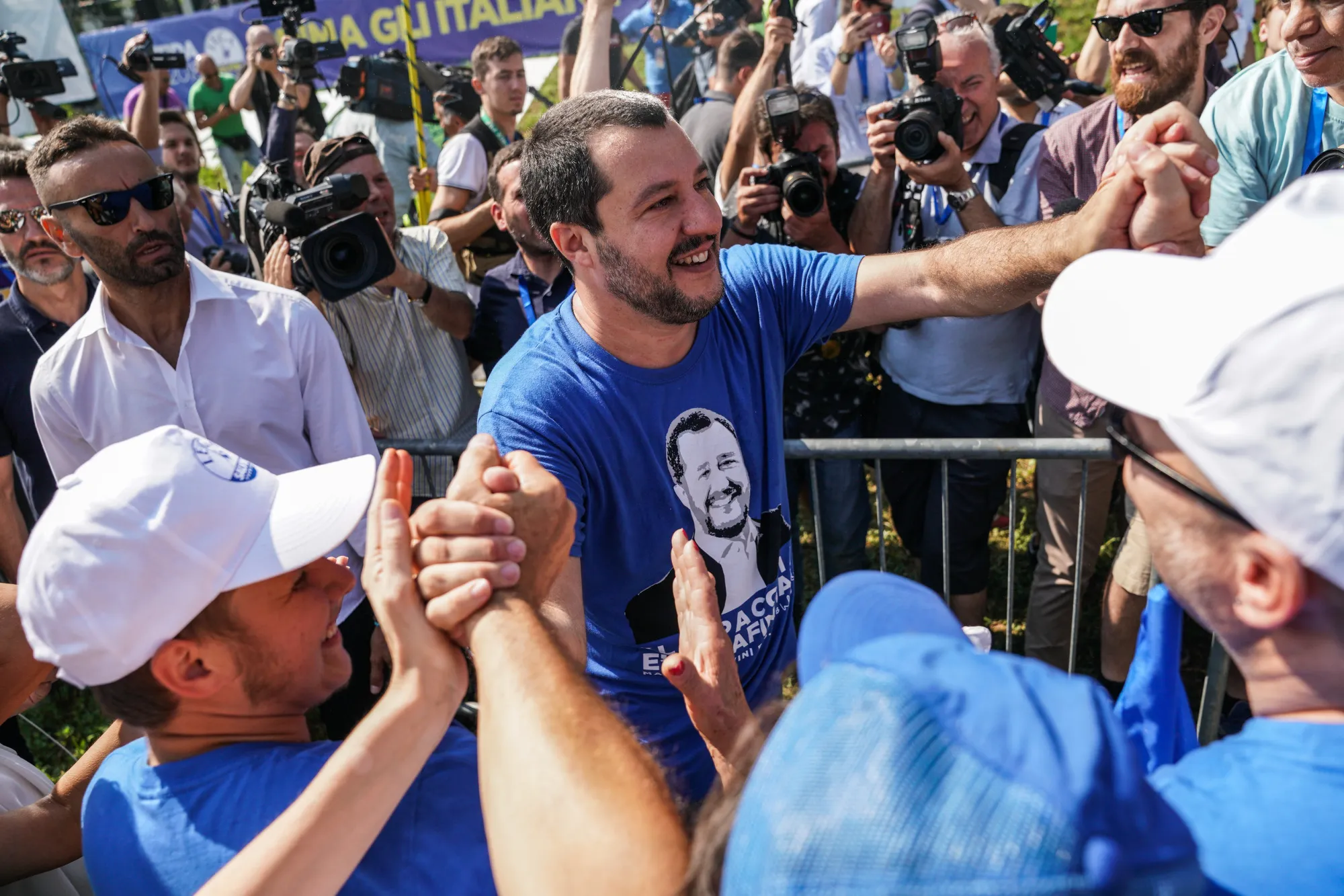 Matteo Salvini greets supporters during a rally in Pontida, Italy.&nbsp;