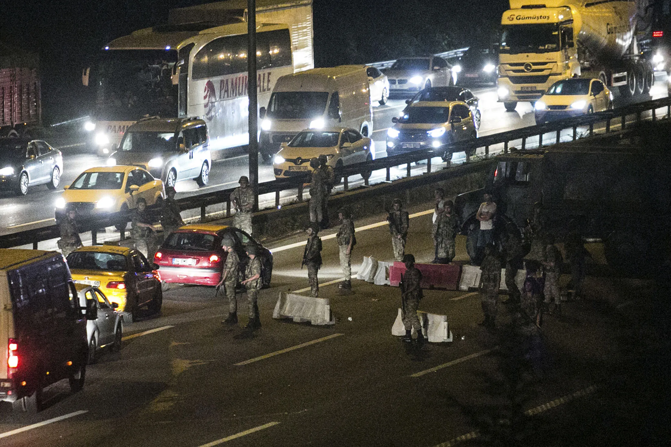 Turkish military sets up a road block in Istanbul.
