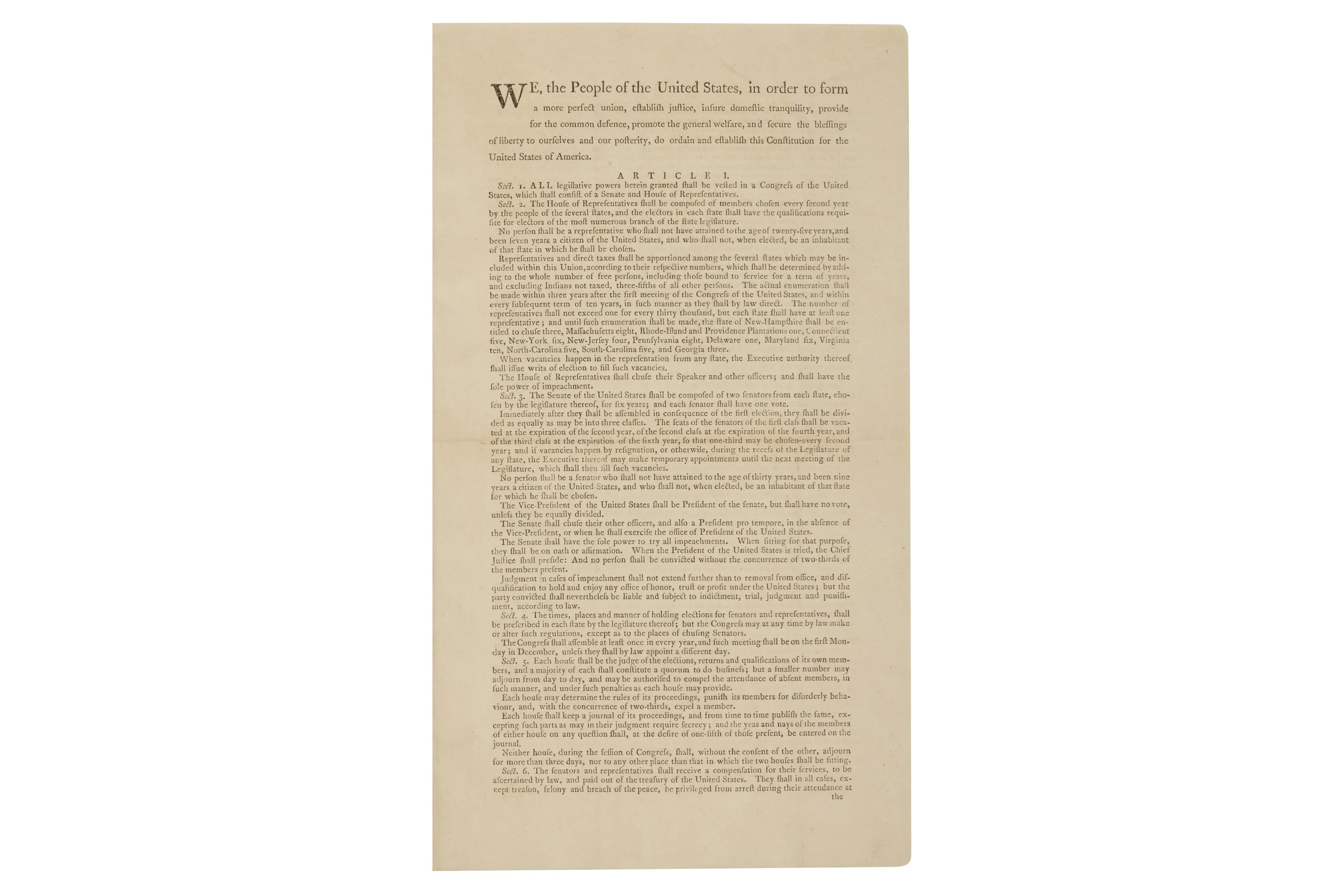 A copy of the first printing of the U.S. Constitution, one of 13 known to exist.