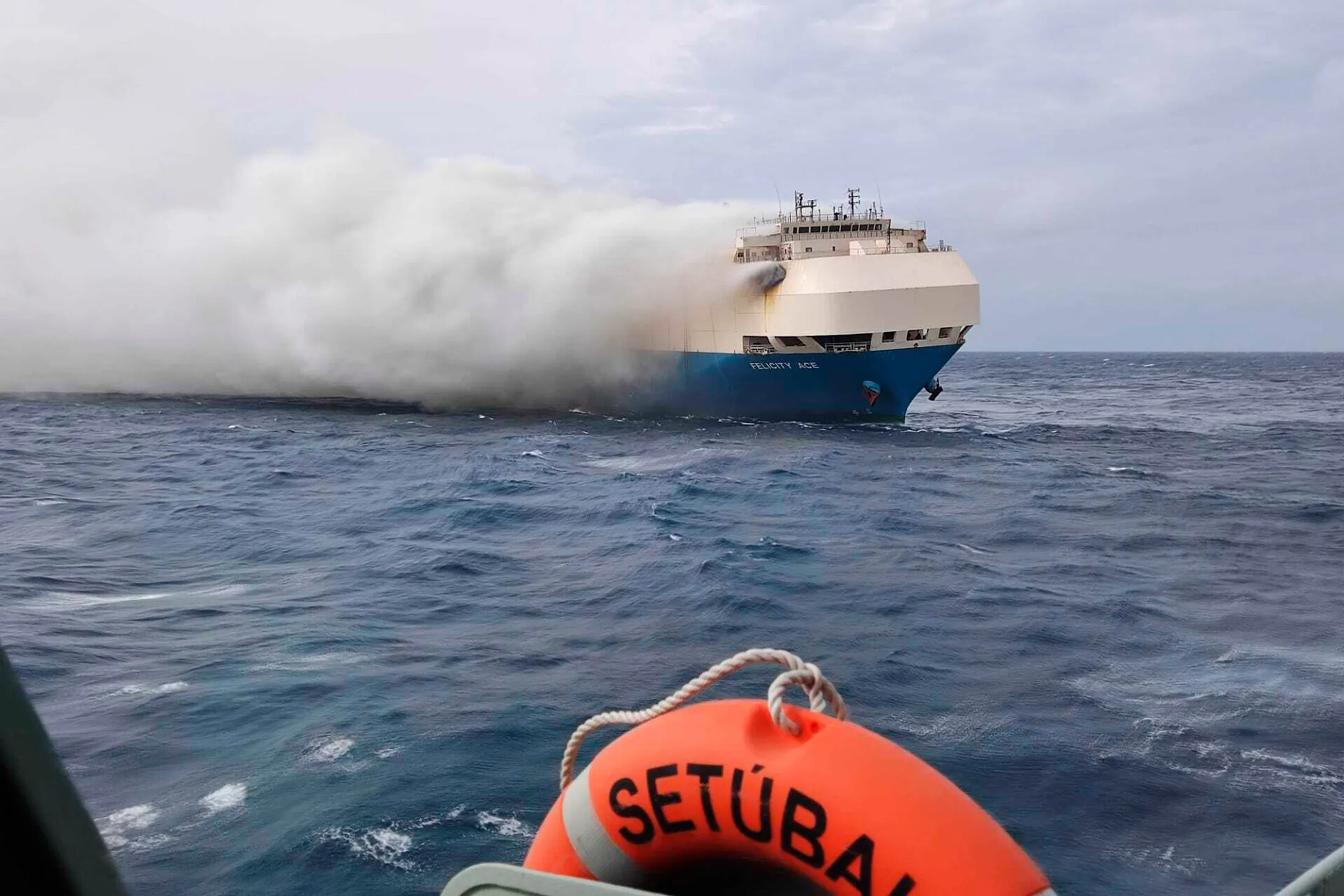 The burning Felicity Ace car transport ship as seen from a Portuguese Naval ship southeast of the mid-Atlantic Portuguese Azores Islands. 