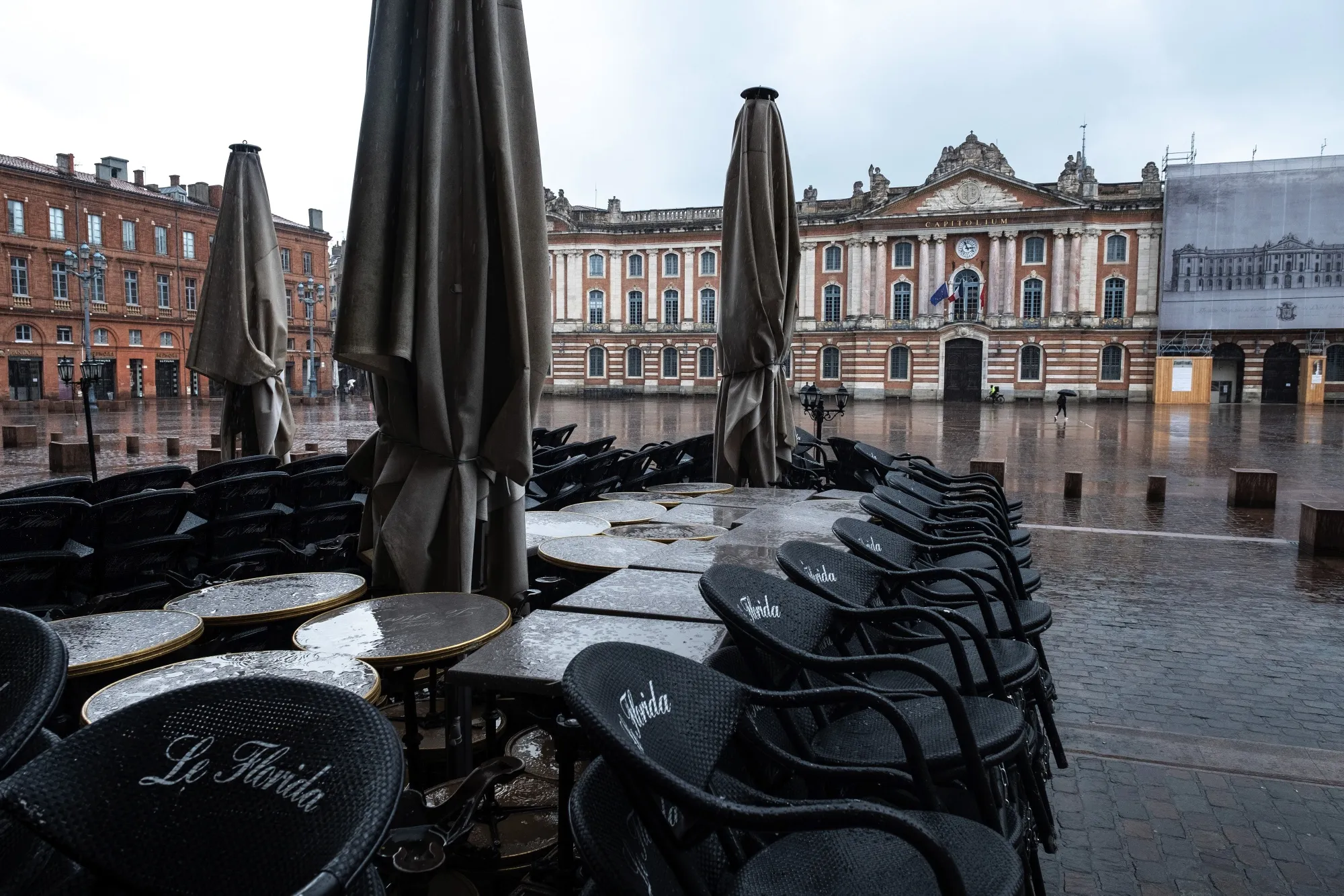 Chairs sit stacked on a closed restaurant terrace during the lockdown in Toulouse, France, on April 27.