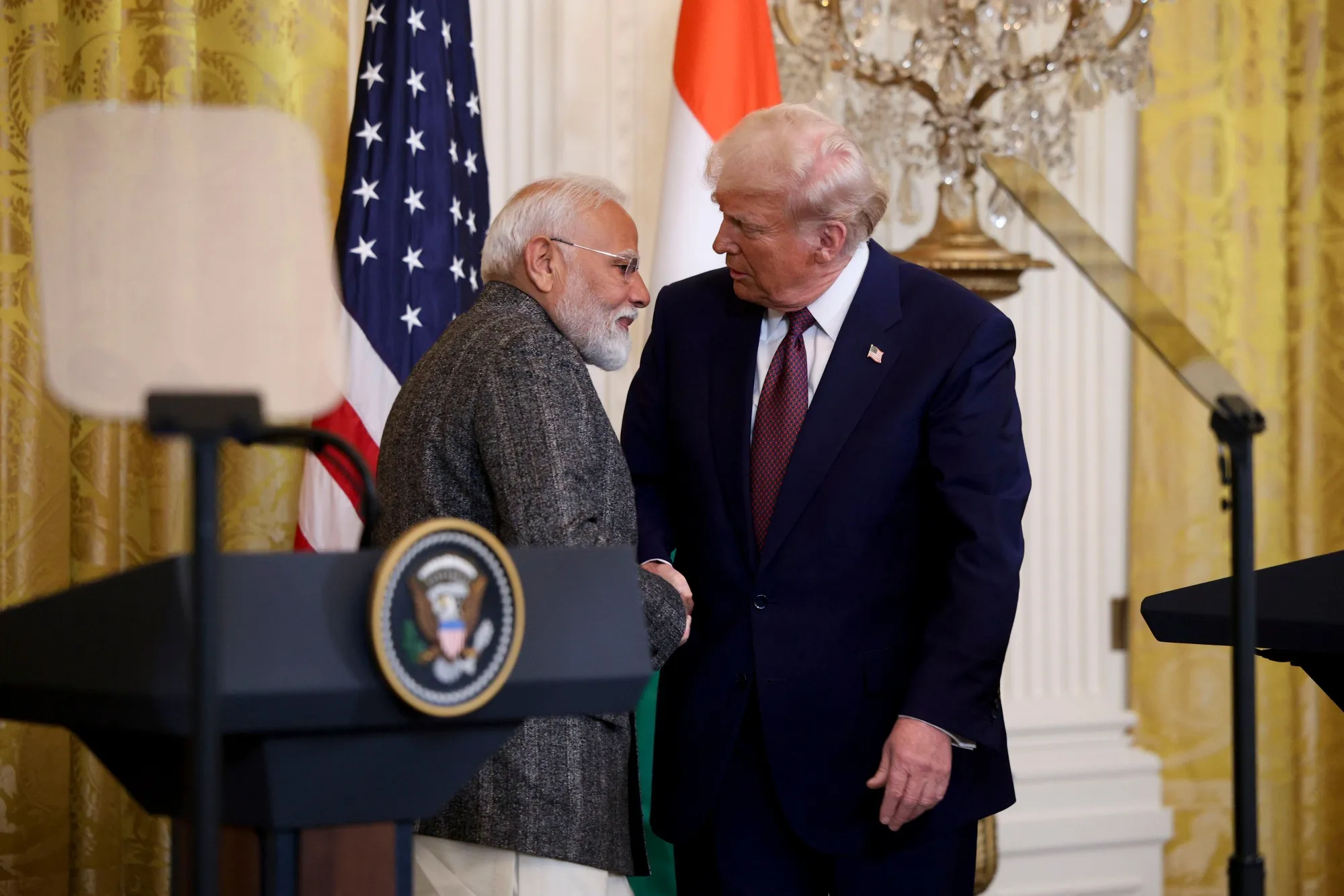 US President Donald Trump, right, and India’s&nbsp;Prime Minister Narendra Modi shake hands during a news conference at the White House in Washington, on&nbsp;Feb. 13.&nbsp;