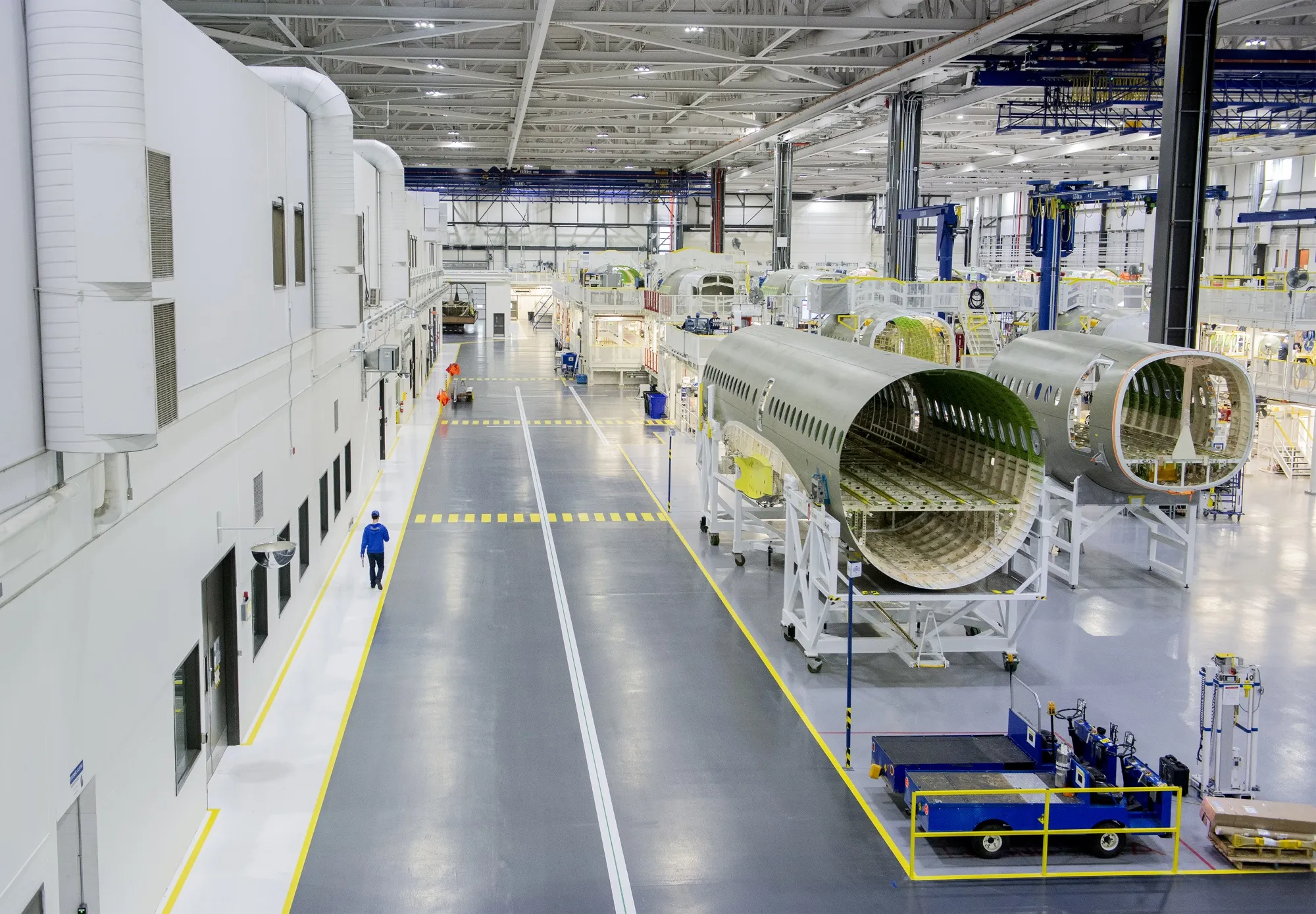 The fuselage of an Airbus A220 at the Airbus Canada LP pre-assembly plant in Mirabel, Quebec, Canada.