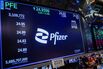 Pfizer signage on the floor of the New York Stock Exchange.