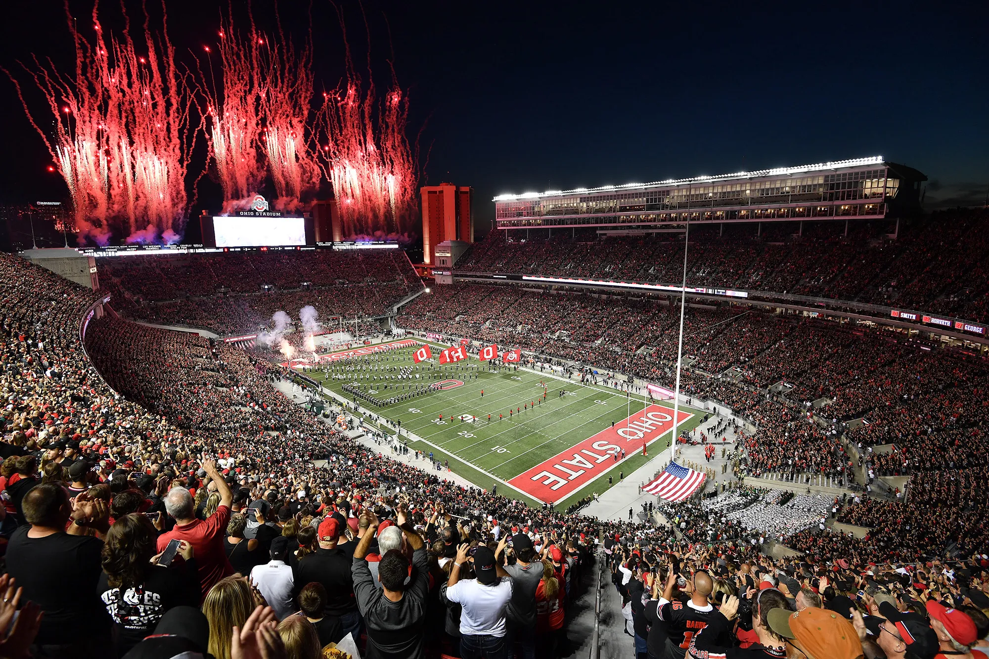 The Ohio State Buckeyes take the field for a game against the Michigan State Spartans in Columbus, Ohio in 2019.