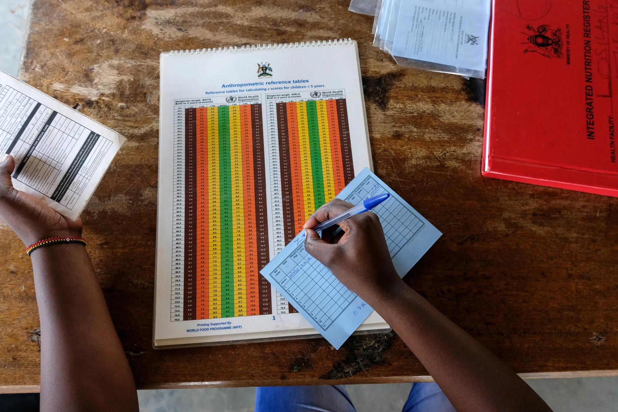 Records during a nutrition screening at a health center&nbsp;in Karamoja region, Uganda.