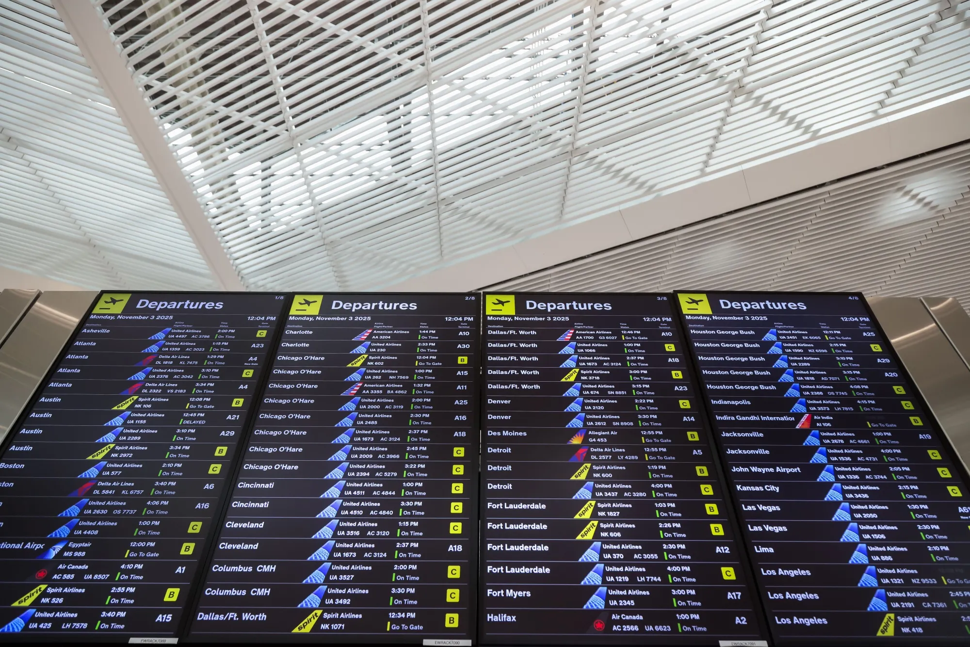 A departures schedule in terminal A at Newark Liberty International Airport (EWR) in Newark, New Jersey, on Nov. 3, 2025. The Federal Aviation Administration issued a temporary ground stop for some flights to Newark&nbsp;due to staffing, according to an advisory.