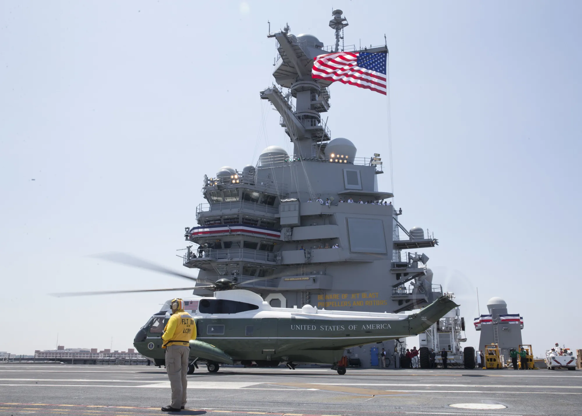 U.S.&nbsp; President Donald Trump departs aircraft carrier USS Gerald R. Ford in July 2017.