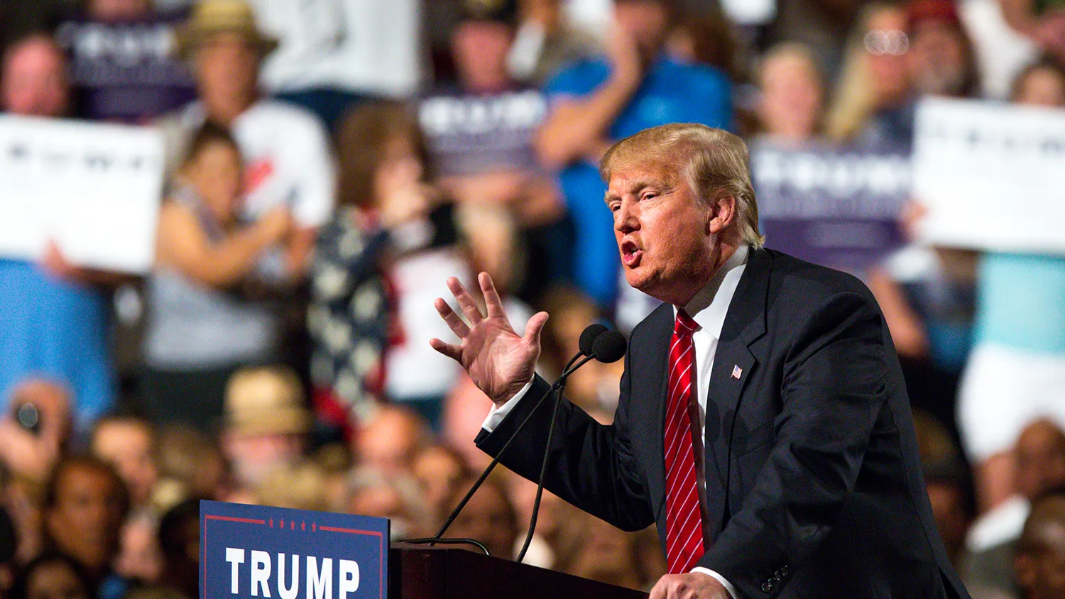 Republican Presidential candidate Donald Trump addresses supporters during a political rally at the Phoenix Convention Center on July 11, 2015 in Phoenix, Arizona.
