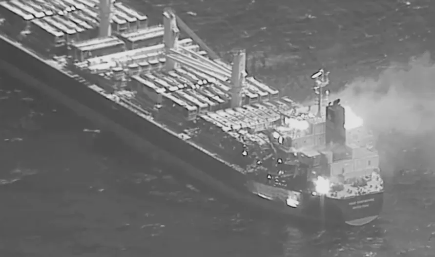 The M/V True Confidence following a strike from a Houthi anti-ship missile in the Gulf of Ade on March 6.