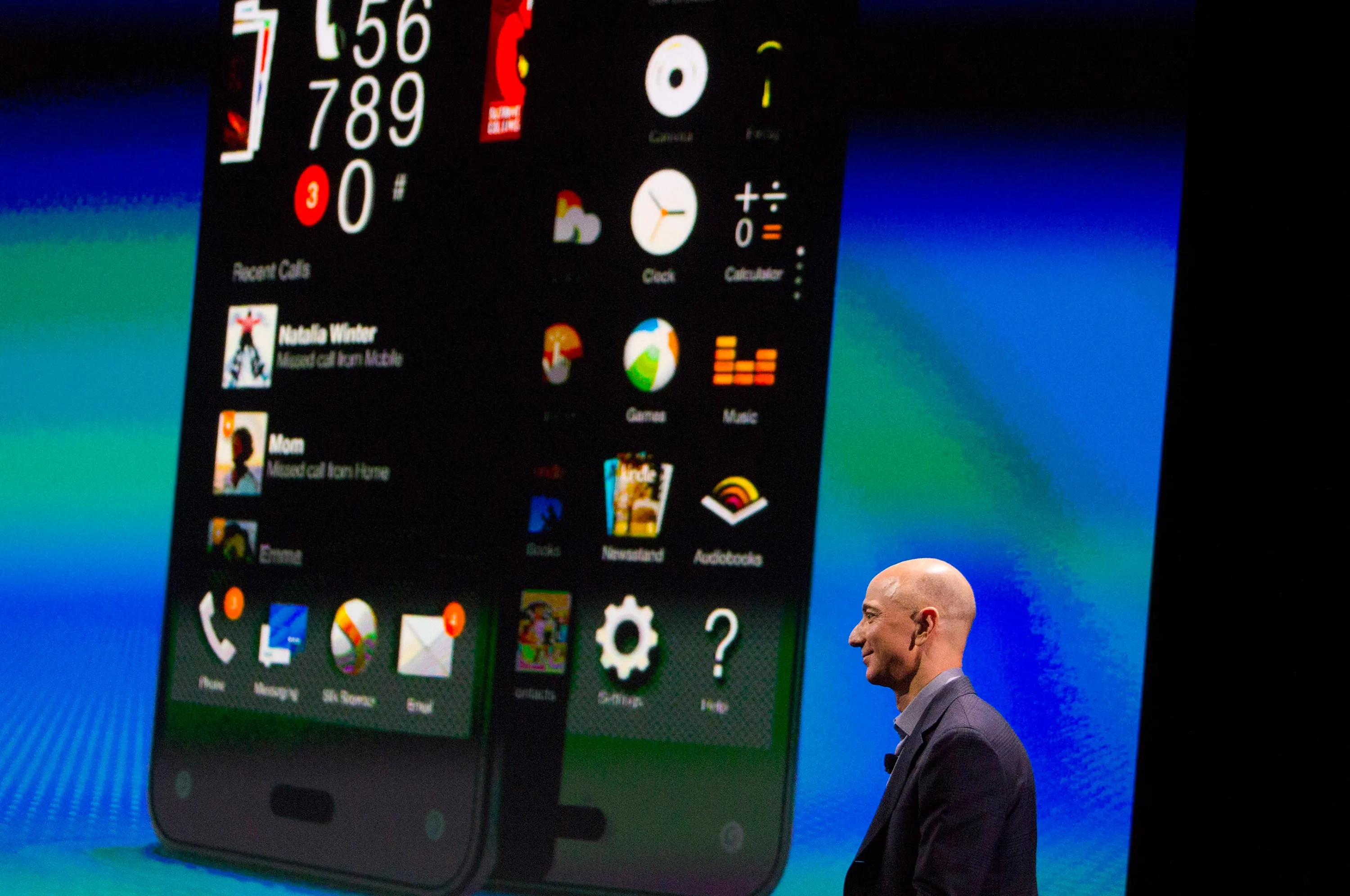 Jeff Bezos, CEO of Amazon.com Inc., at the unveiling of the Fire Phone in Seattle on June 18, 2014. Photographer: Mike Kane/Bloomberg