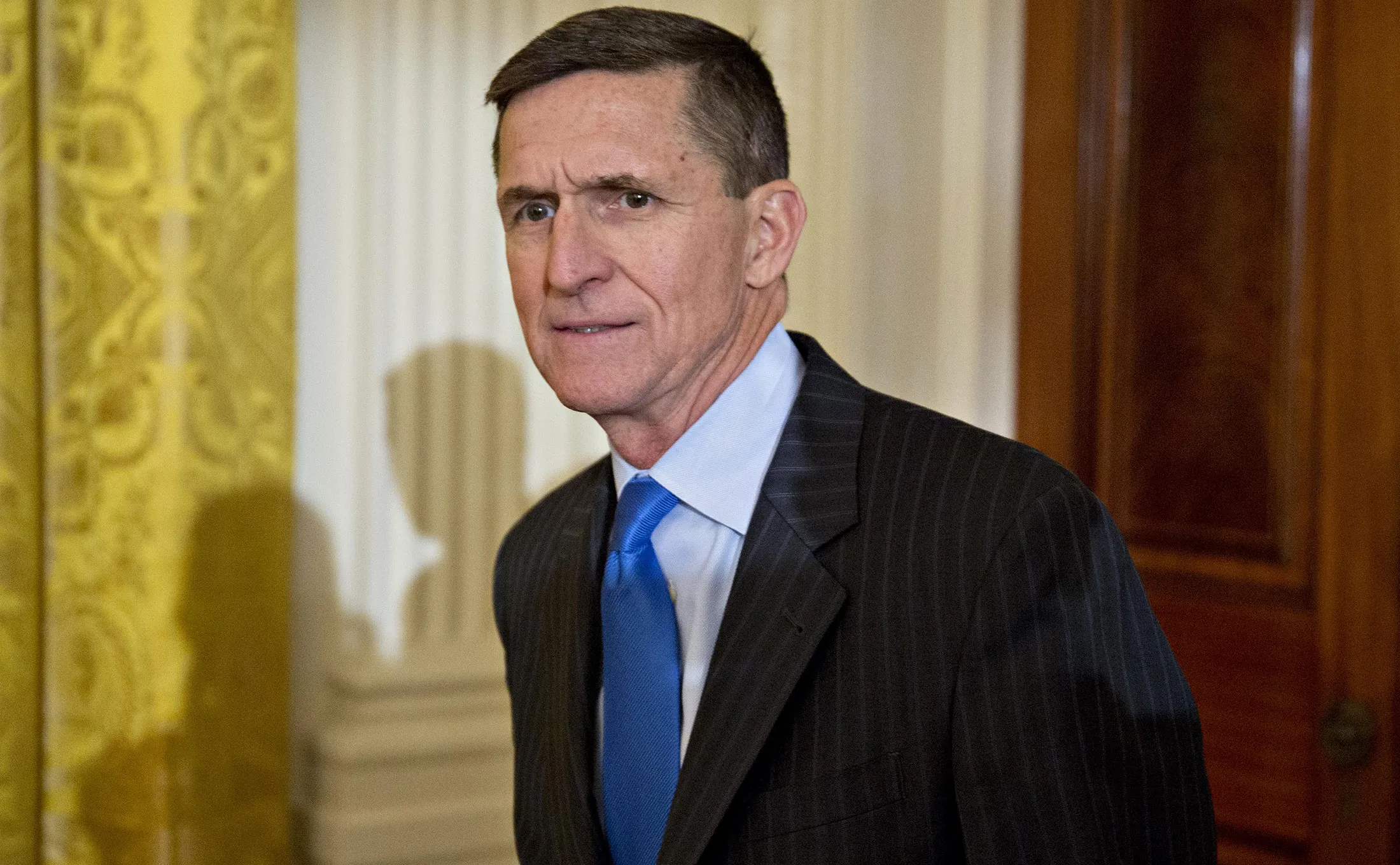 Michael Flynn, President Trump’s national security adviser, arrives to a swearing-in ceremony of White House senior staff in the East Room of the White House in Washington on Jan. 22, 2017.
