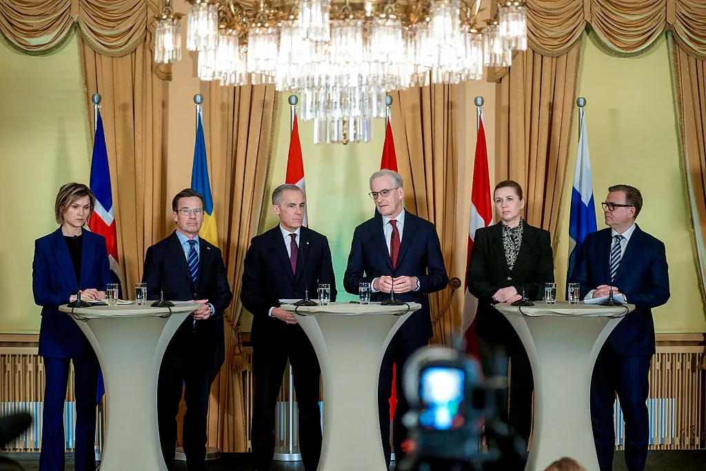 Kristrun Mjoll Frostadottir, Ulf Kristersson, Mark Carney, Jonas Gahr Store, Mette Frederiksen and Petteri Orpo during a meeting at the government’s representative building in Oslo, on March 15.