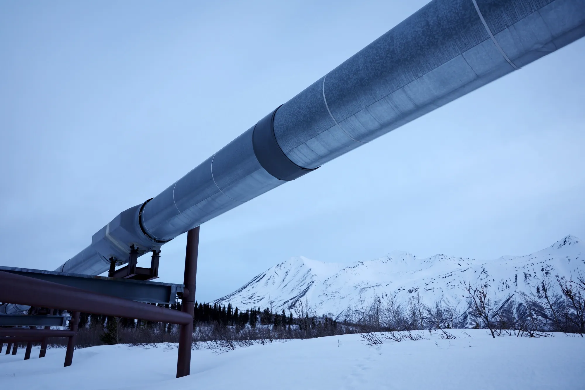 A part of the Trans Alaska Pipeline System runs past Alaska Range mountains&nbsp;near Delta Junction, Alaska.