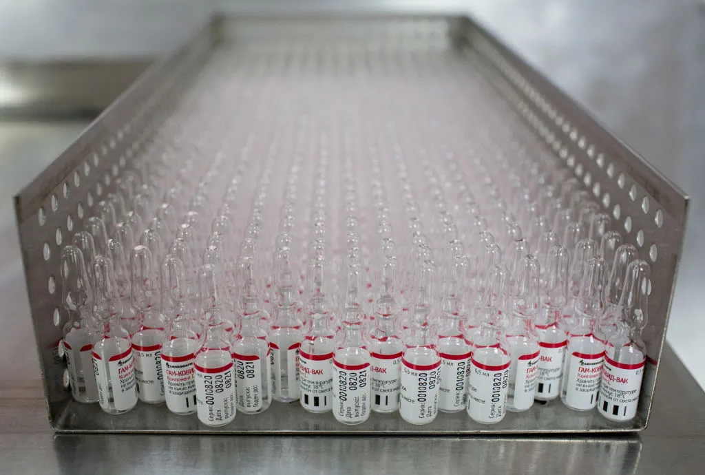 Ampoules containing the Covid-19 vaccine developed by the Gamaleya National Research Center for Epidemiology and Microbiology and the Russian Direct Investment Fund.
