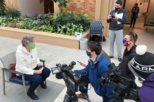 Pictured: Katherine Porter, a retired Sanford Health nurse, speaks to the media after receiving her first dose of the Covid-19 vaccine in Sioux Falls, South Dakota in January. Courtesy of Sanford Health
