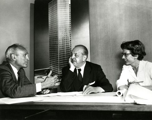 Architect Johnson (left), Mies van der Rohe (center), and Phyllis Lambert planning the Four Seasons' opening, circa 1958.
