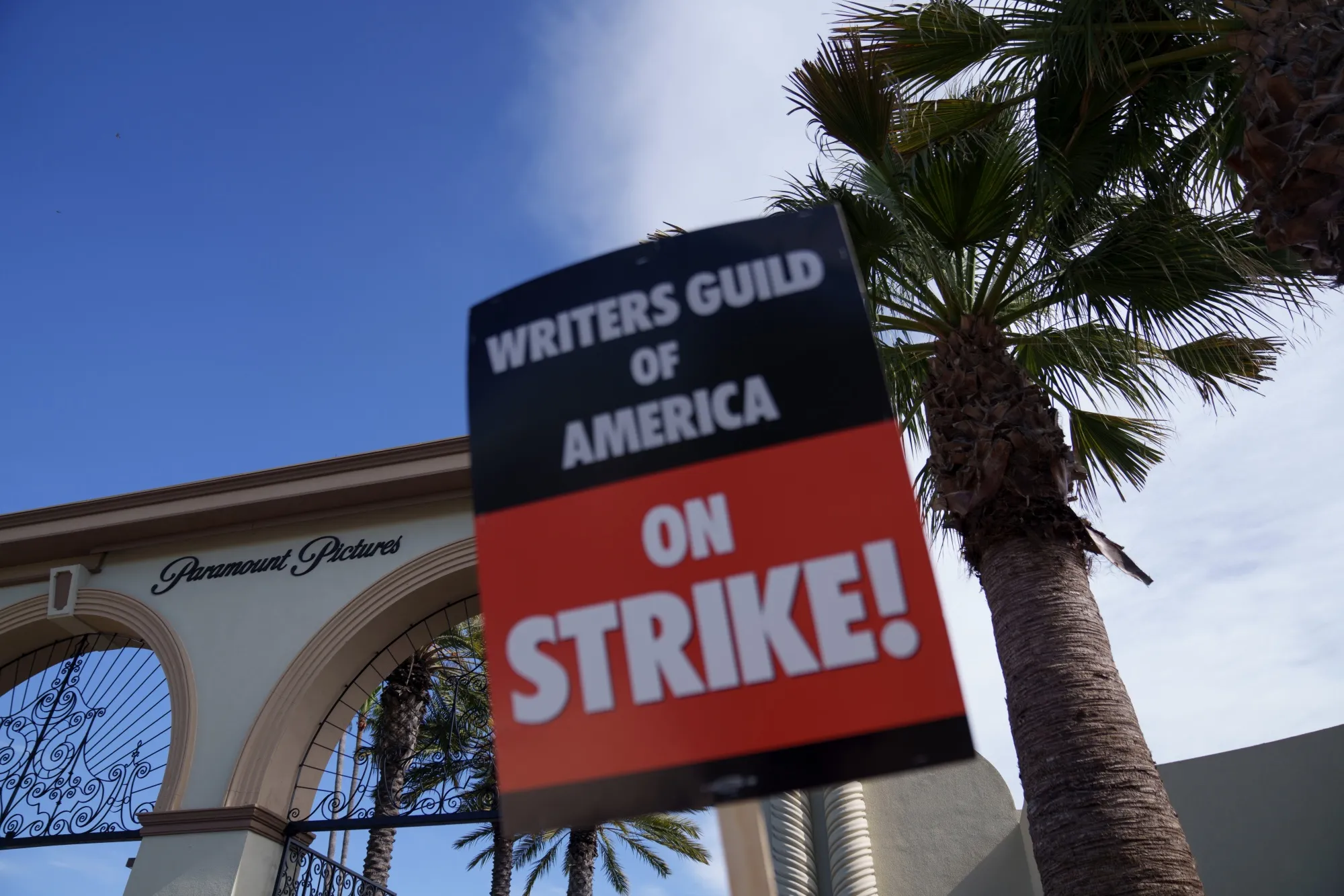 A Writers Guild of America sign at a picket line outside Paramount Studios in the Hollywood, on May 3.