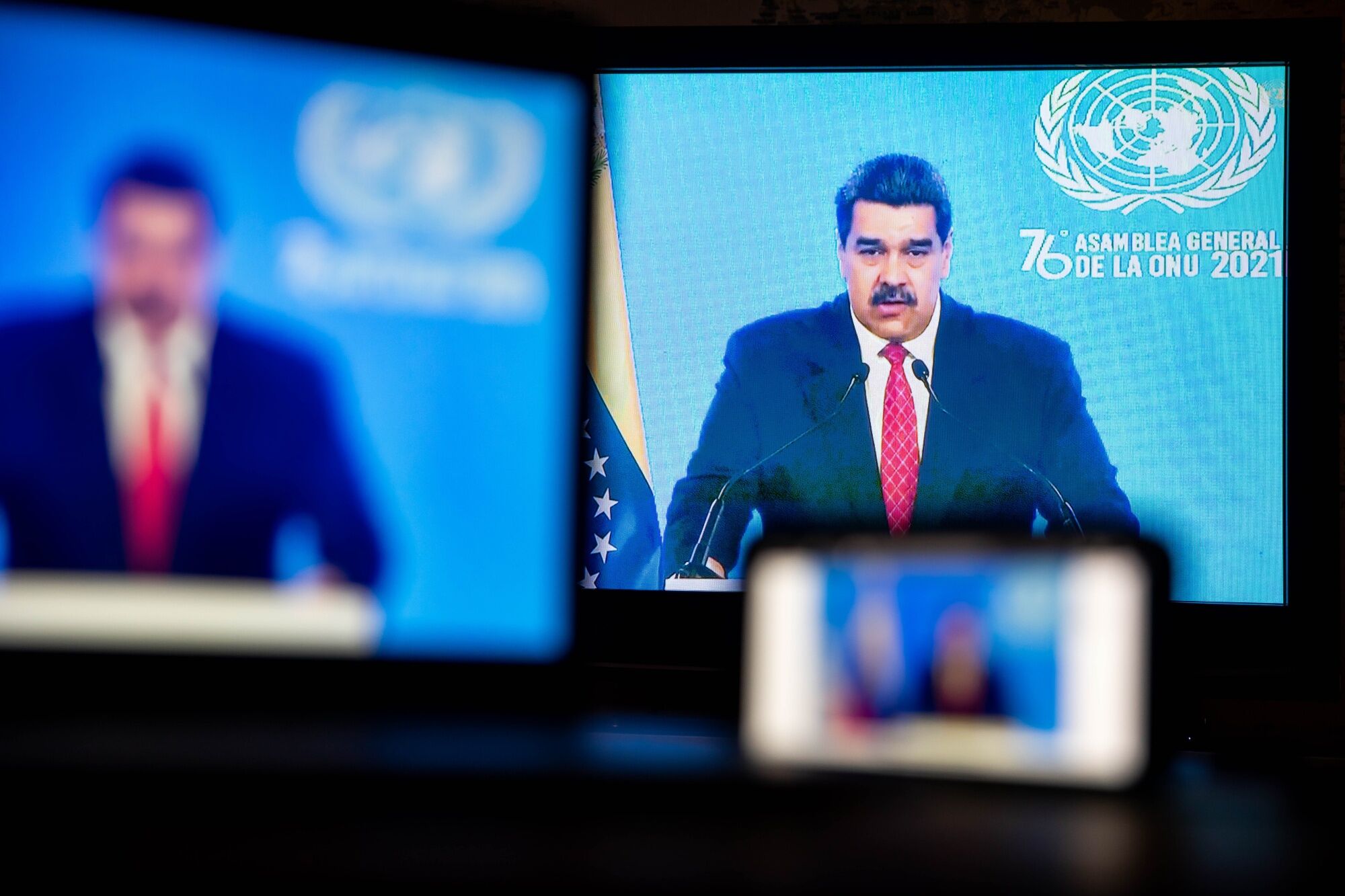 Nicolas Maduro speaks in a prerecorded video during the United Nations General Assembly on Sept. 22. 