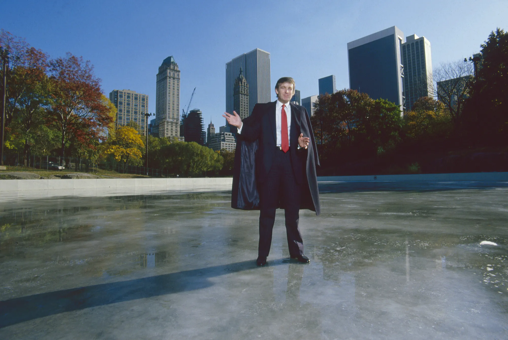 Donald Trump stands on the ice of Wollman Rink in Central Park in 1986.