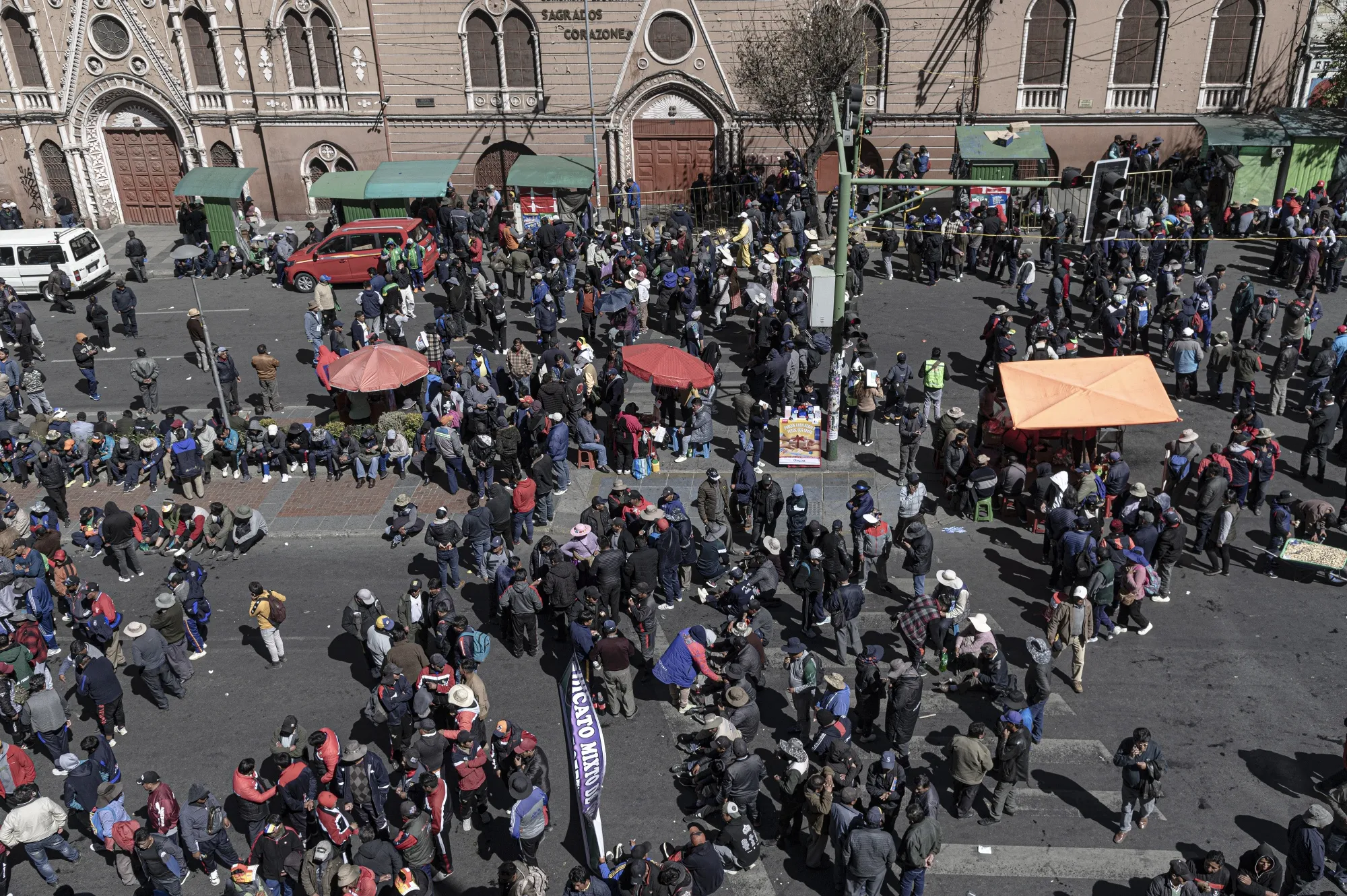 Demonstrators gather on a main avenue during a drivers' union protest against fuel shortages in La Paz, Bolivia, on&nbsp;June 4.