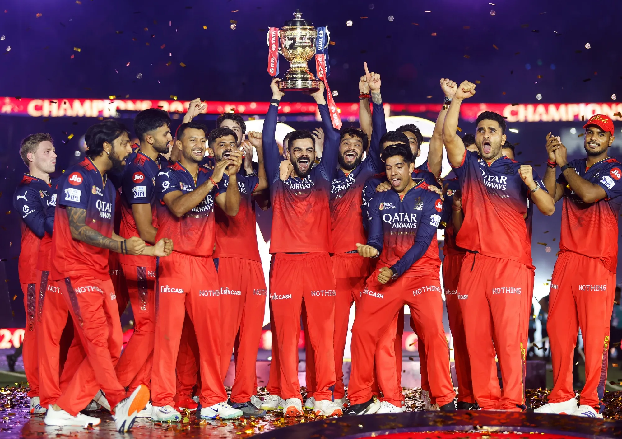 Royal Challengers Bengaluru players celebrate following the team's victory in the 2025 IPL Final match at Narendra Modi Stadium in Ahmedabad, India on June 3.&nbsp;