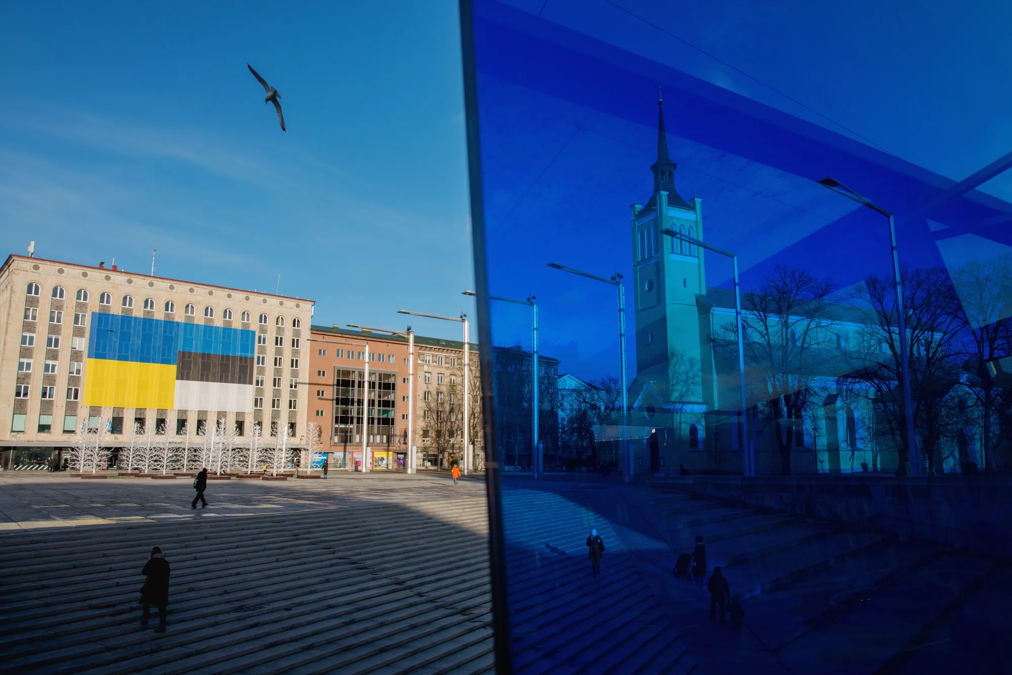 Ukrainian and Estonian national flags in Freedom Square in Tallinn.