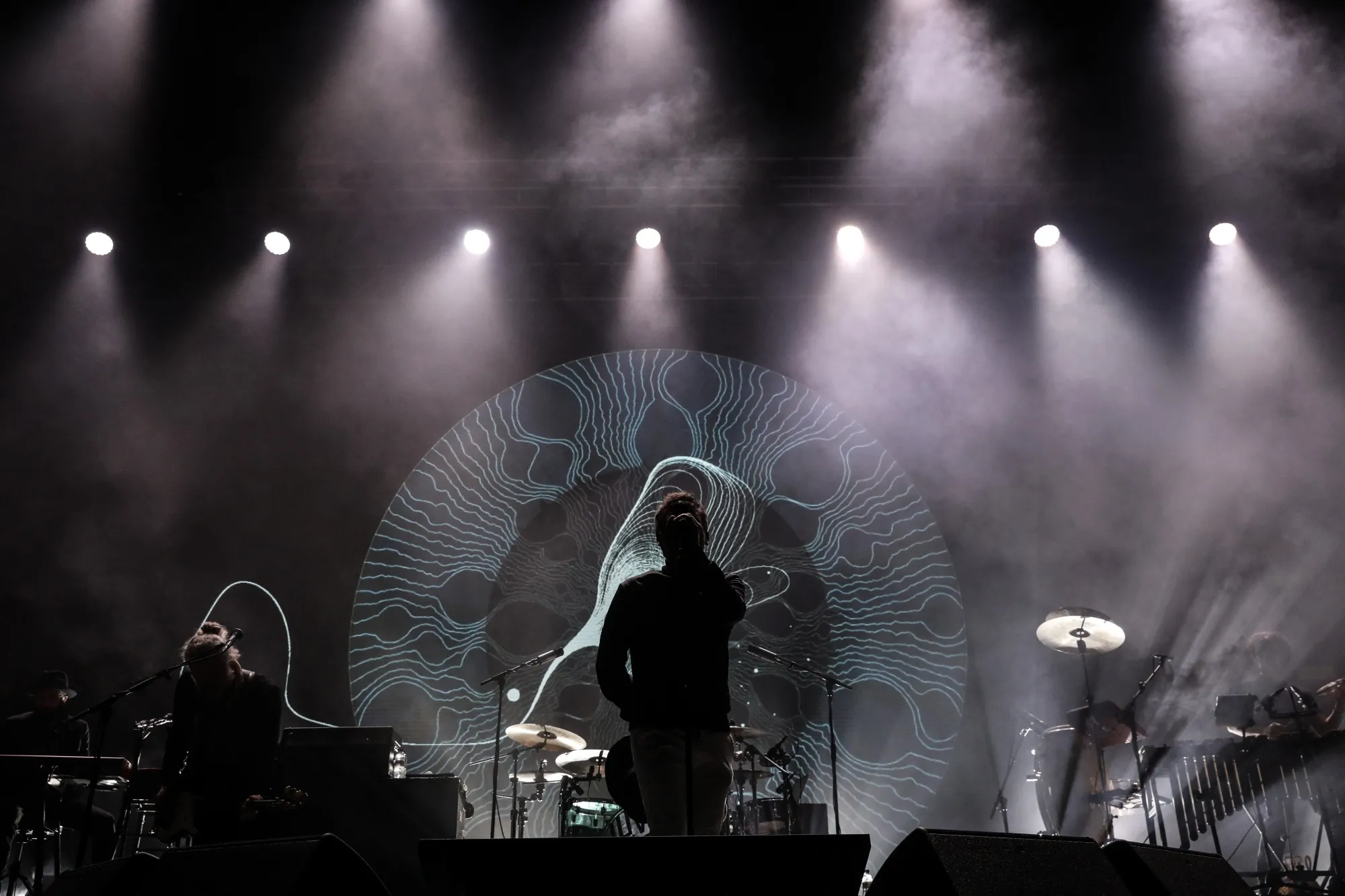 The band Love of Lesbian performs at Sant Jordi stadium in Barcelona, Spain, on Saturday, March 27, 2021. The public, the staff and the band are part of a mass experiment that organizers say is the largest concert without social distancing of the coronavirus era.