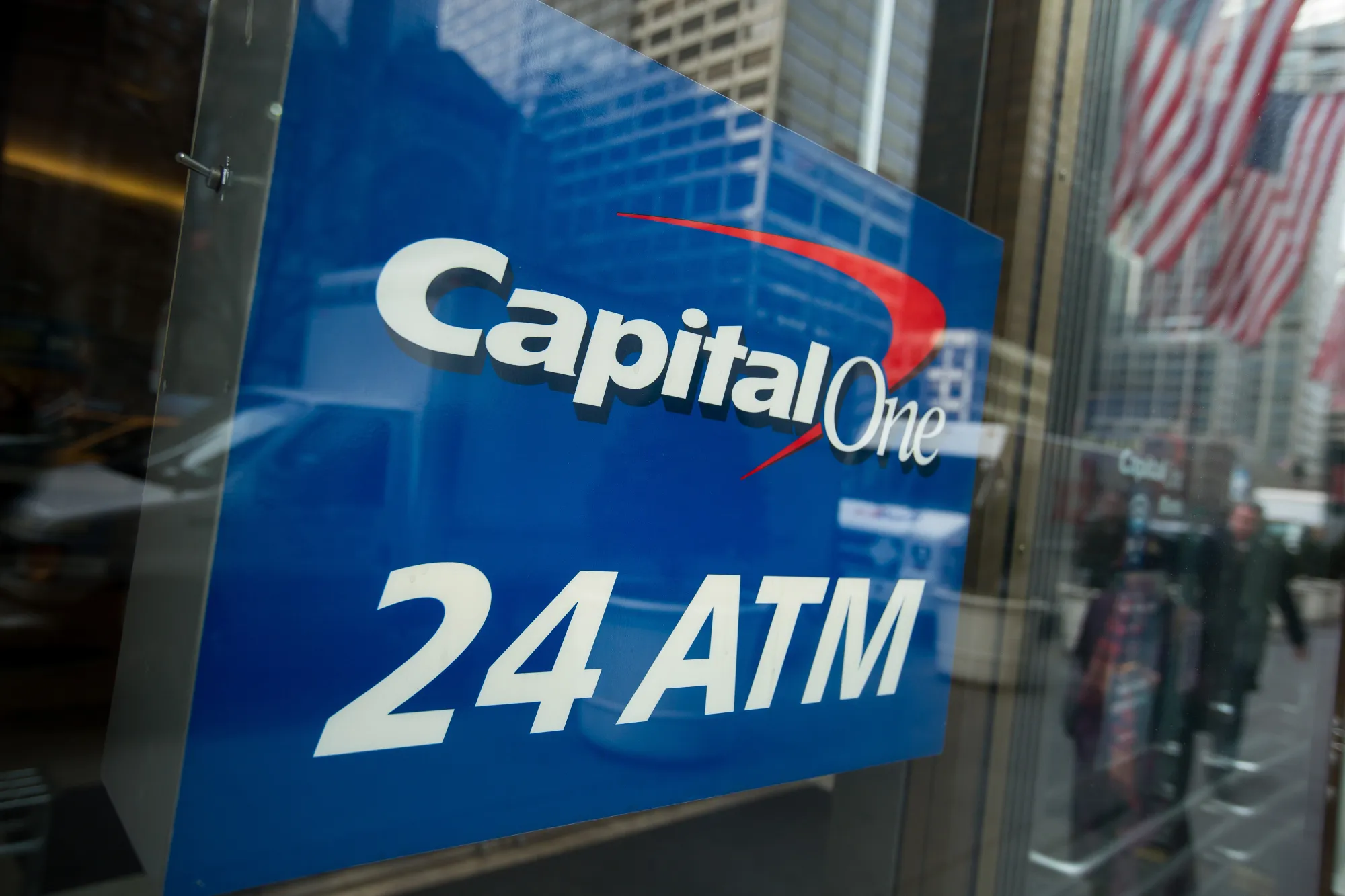 Capital One Financial Corp. signage is displayed at a bank branch in New York.