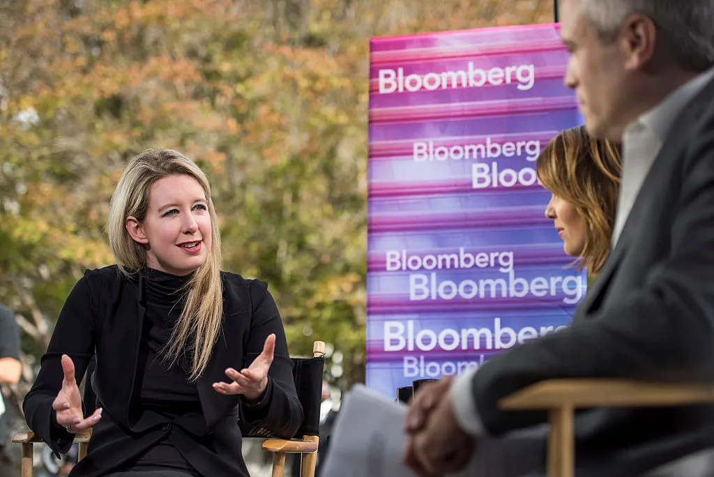 Elizabeth Holmes, founder and CEO of Theranos Inc., left, speaks during a Bloomberg Television interview in San Francisco on Oct. 6, 2015.

