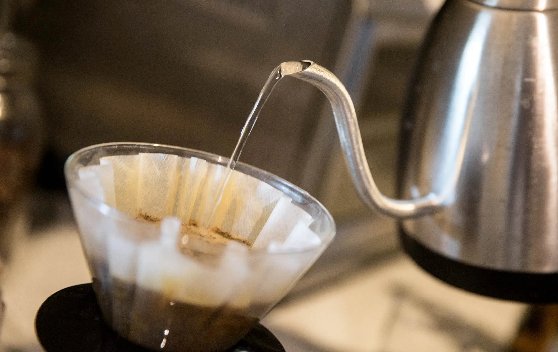 Hot water poured over freshly ground coffee beans at a home in South Pasadena, California.