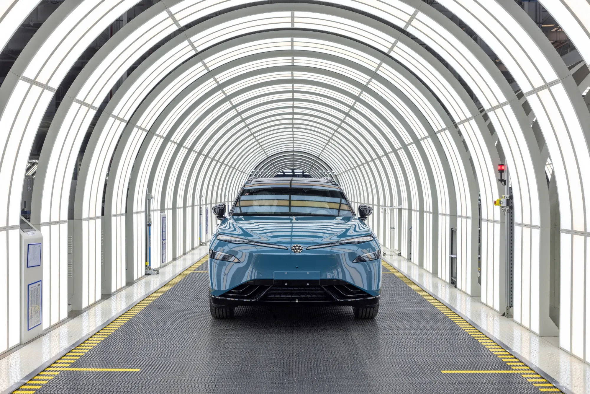 The Volkswagen ID.Unyx 08 electric SUV, developed in collaboration with Xpeng, on the production line at Volkswagen Anhui in Hefei, China.