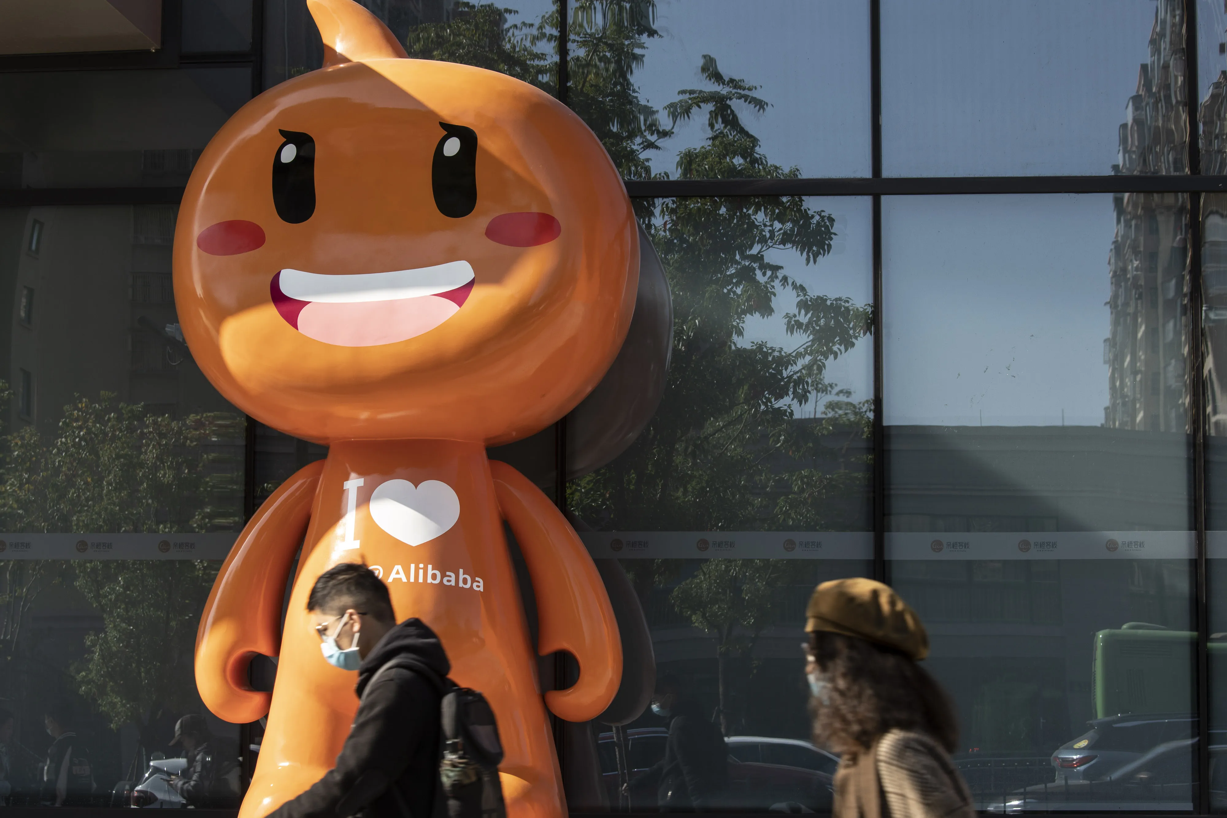 The mascot for Alibaba Group Holding Ltd.'s Taobao e-commerce platform near the company's headquarters in Hangzhou, China.