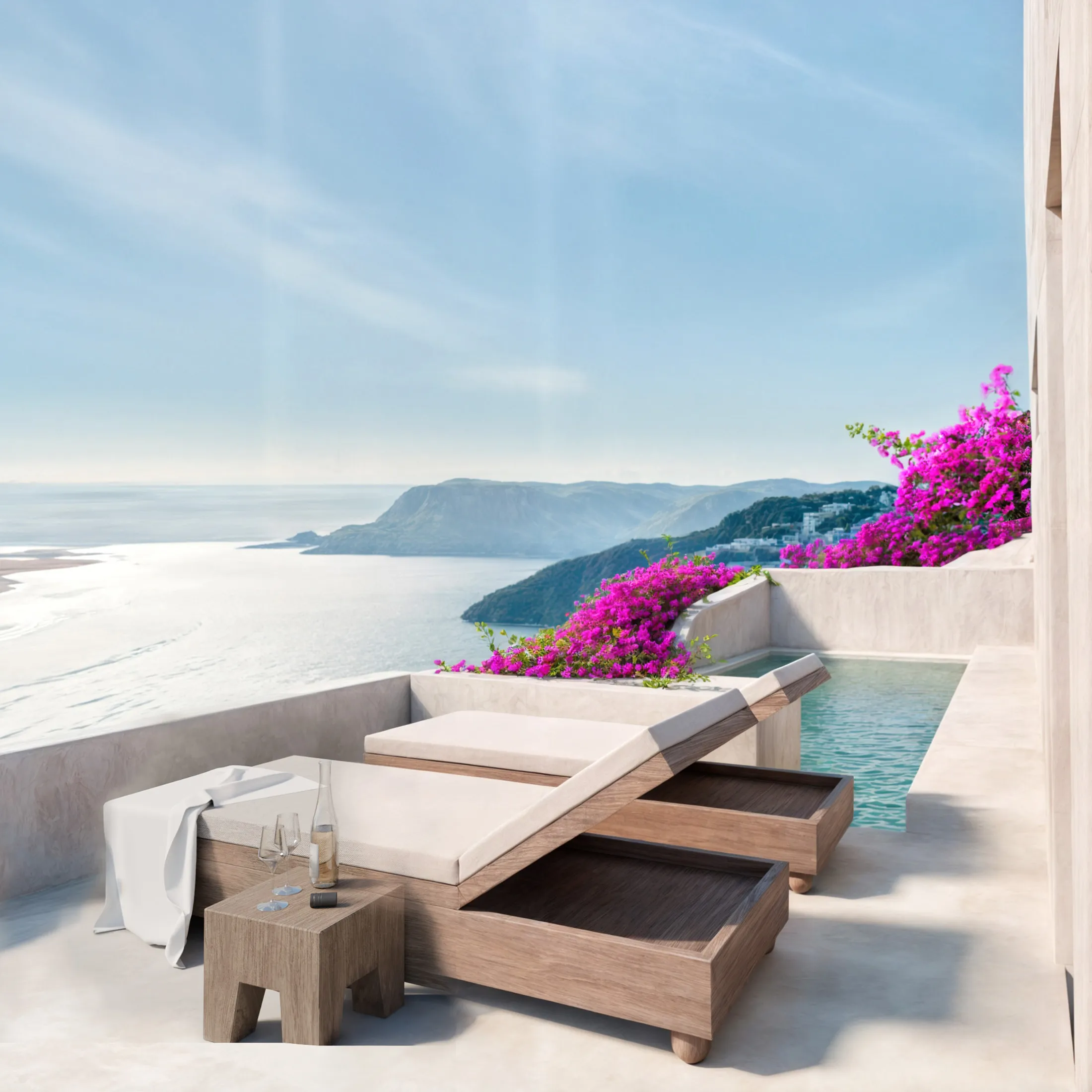 A suite with a view at Andronis Luxury Suites in Santorini.&nbsp;
