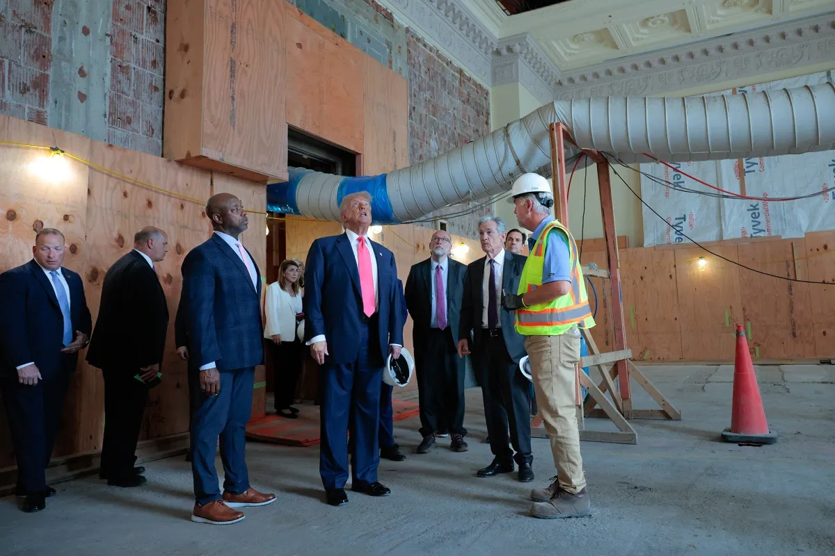 Tim Scott, President Donald Trump, and Federal Reserve Chair Jerome Powell tour the Federal Reserve’s headquarter renovation project in Washington, DC on July 24.