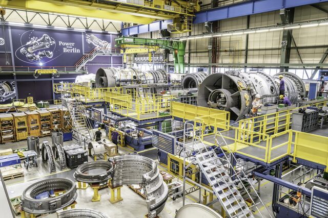 ■ The final assembly area of gas-turbine manufacturing at Siemens Energy’s factory in Berlin,on Aug. 7.