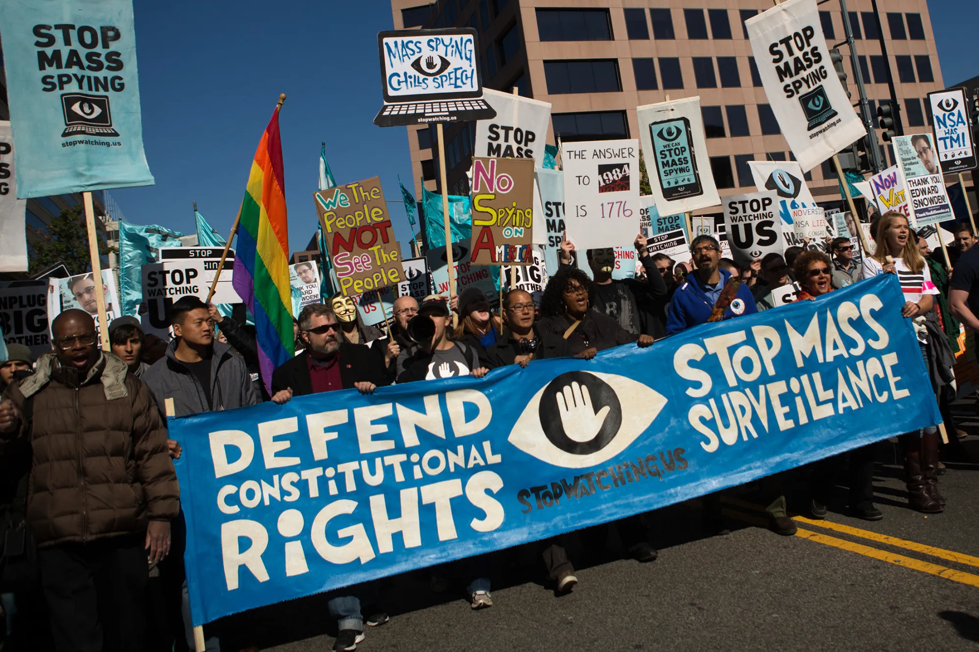 Demonstrators march through downtown Washington D.C. protesting surveillance by the U.S. National Security Agency, on Oct.&nbsp;26, 2013.