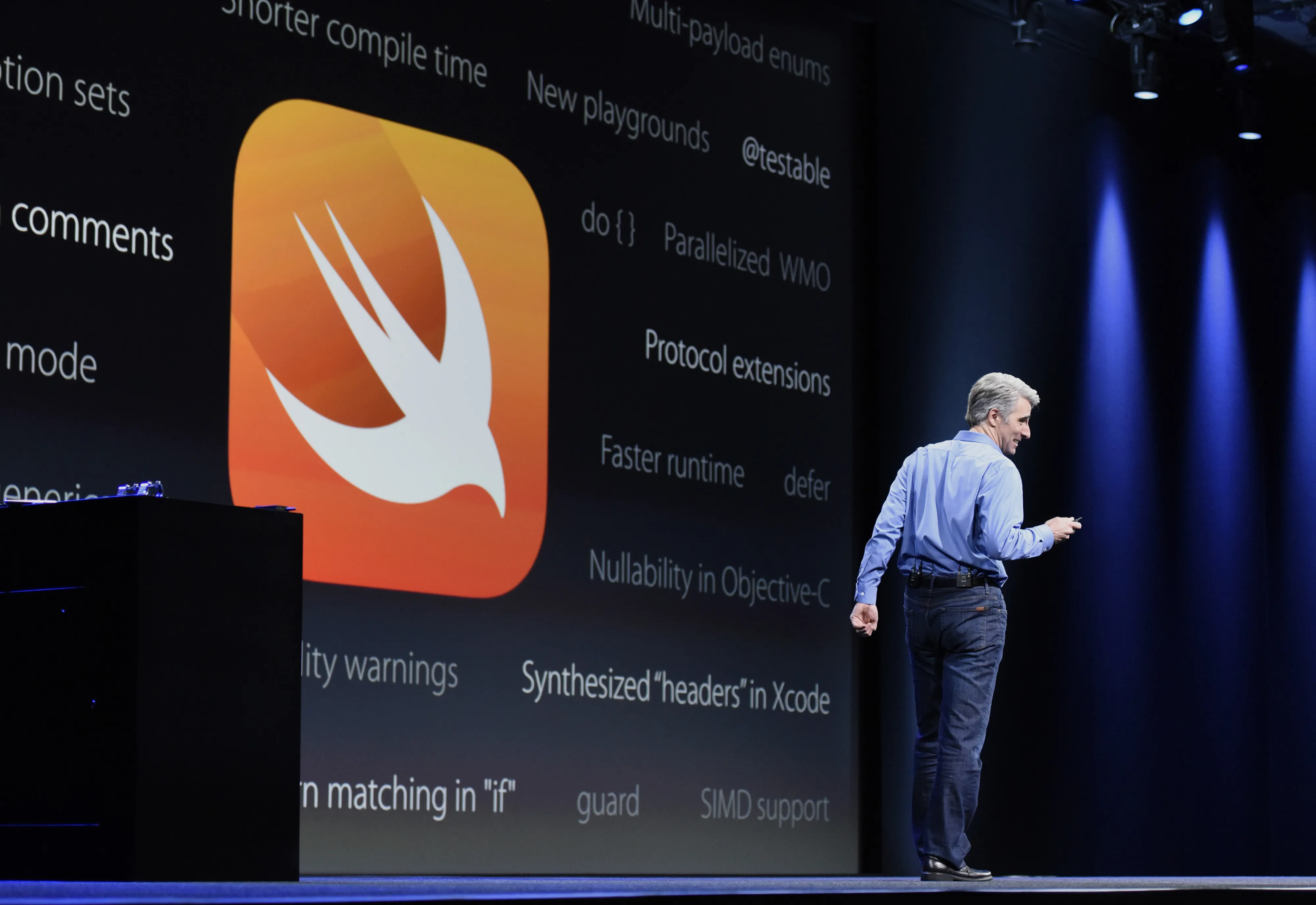 Craig Federighi, Apple’s senior vice president for software engineering, speaks at Monday’s keynote presentation.
