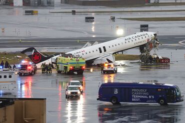 An Air Canada Express aircraft after colliding with a fire truck at LaGuardia Airport in New York, on March 23.