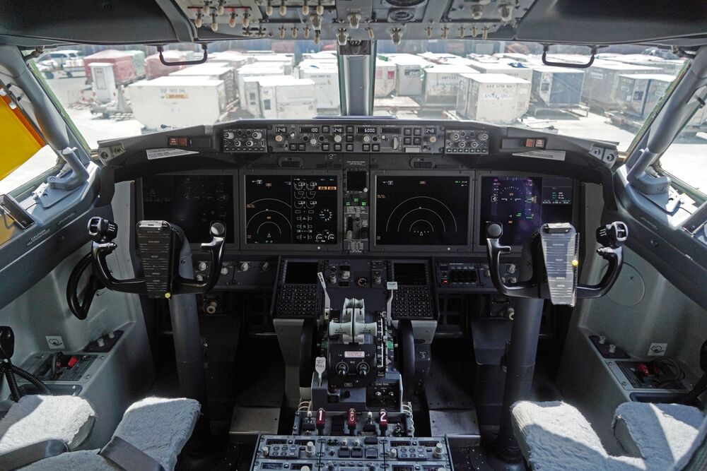 The cockpit of a grounded 737 Max 8 aircraft.