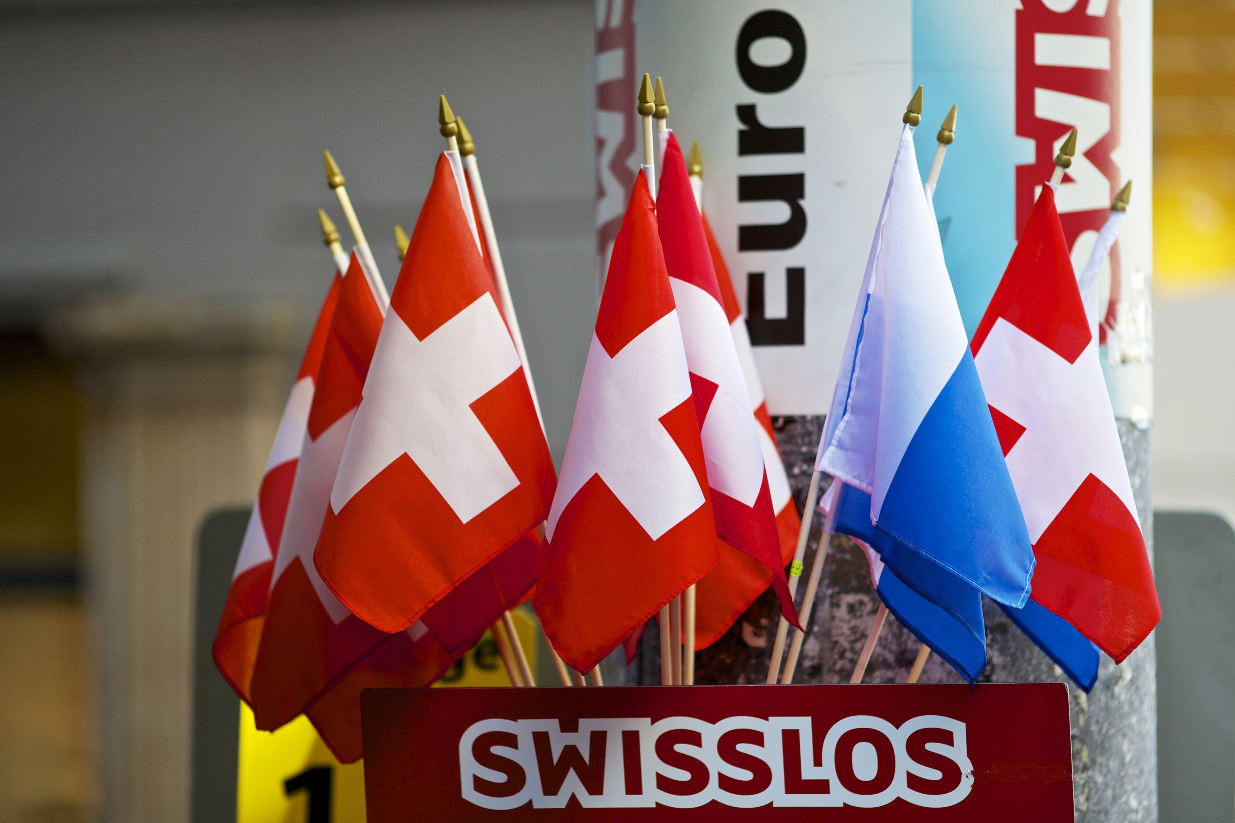 Swiss flags on display in a kiosk in Lucern, Switzerland, on Saturday August 10th, 2013.
