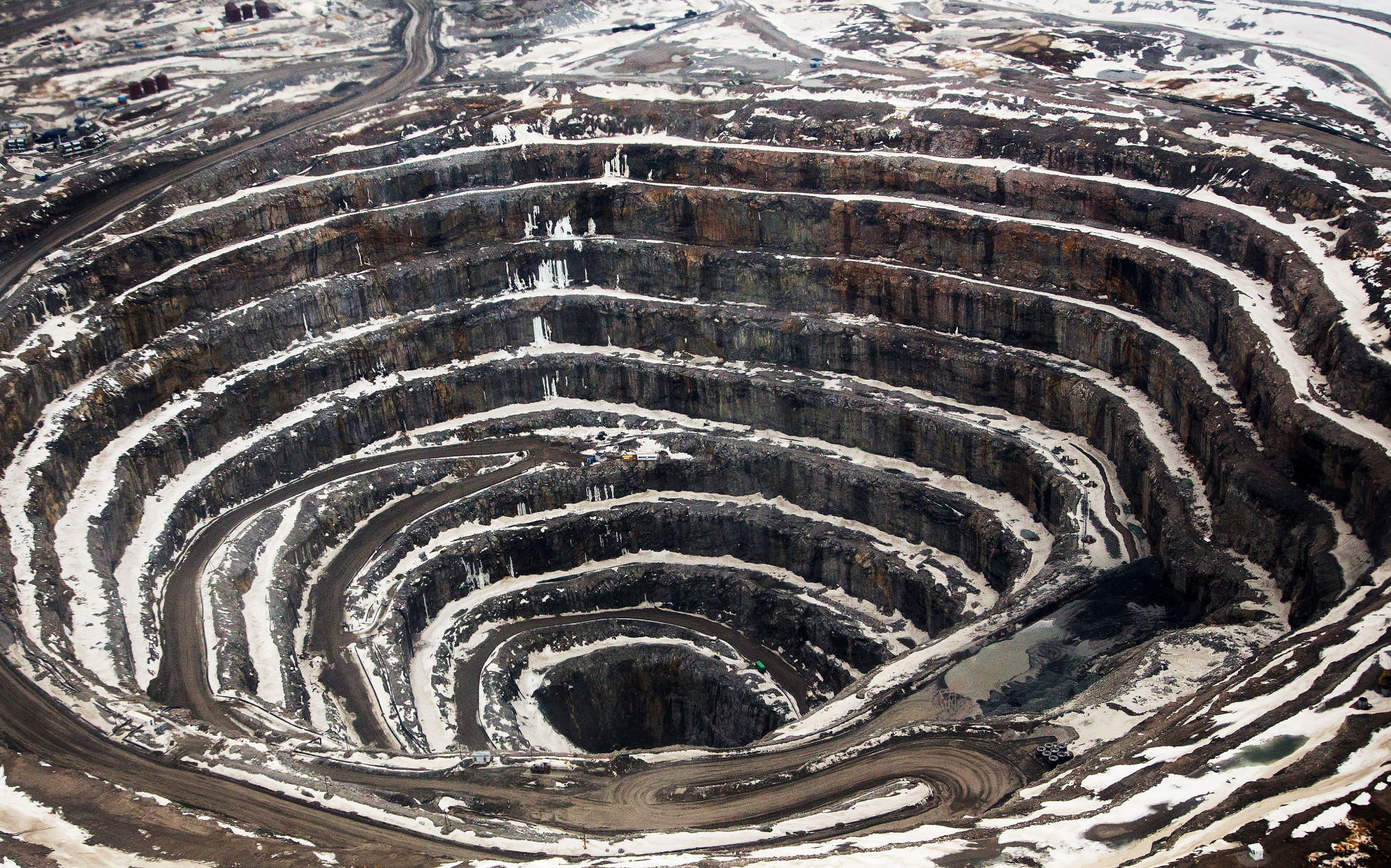 The open pit stands at the Diavik Diamond Mine in the North Slave Region of the Northwest Territories, Canada.